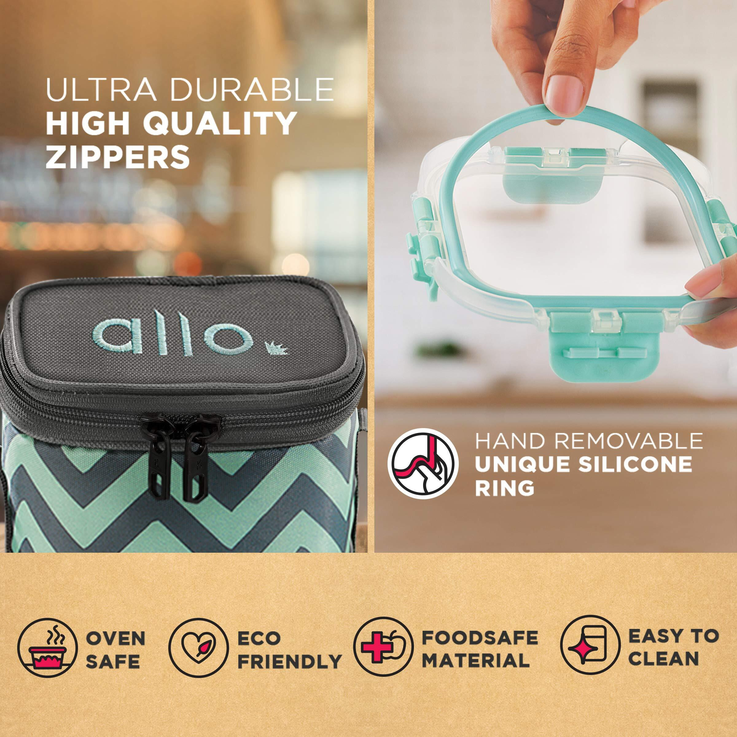 Allo FoodSafe Glass Lunch Box with Break Free Detachable Lock, Oven & Microwave Safe, Borosilicate Glass Container, Office Tiffin with Chevron Mint Flat Bag, Set of 2, 390ml, Round