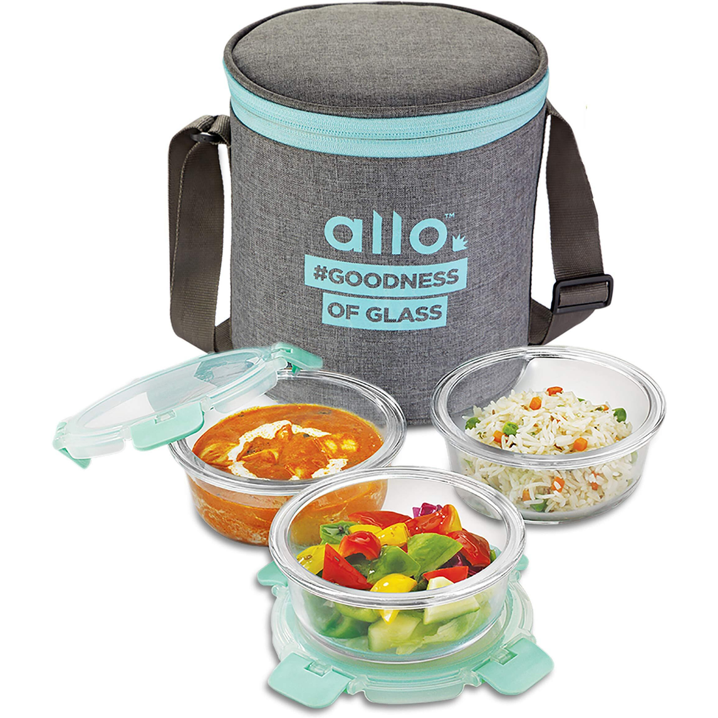 Allo FoodSafe Glass Lunch Box with Break Free Detachable Lock, Oven & Microwave Safe, Borosilicate Glass Container, Office Tiffin with Canvas Grey Bag, Set of 3, 390ml, Round