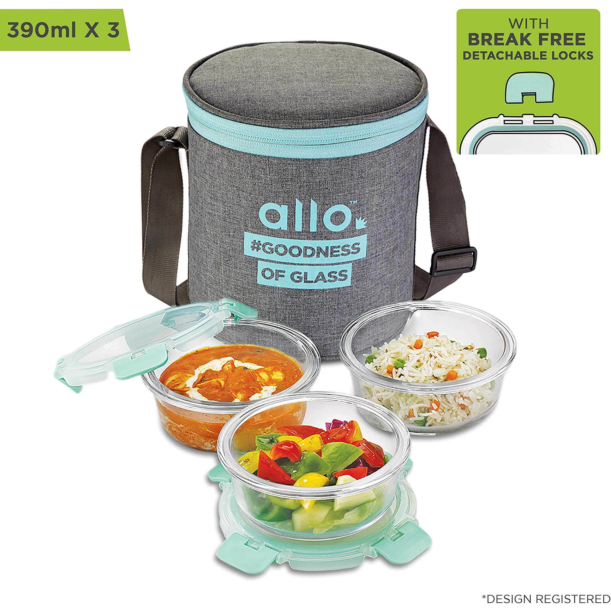 Allo FoodSafe Glass Lunch Box with Break Free Detachable Lock, Oven & Microwave Safe, Borosilicate Glass Container, Office Tiffin with Canvas Grey Bag, Set of 3, 390ml, Round