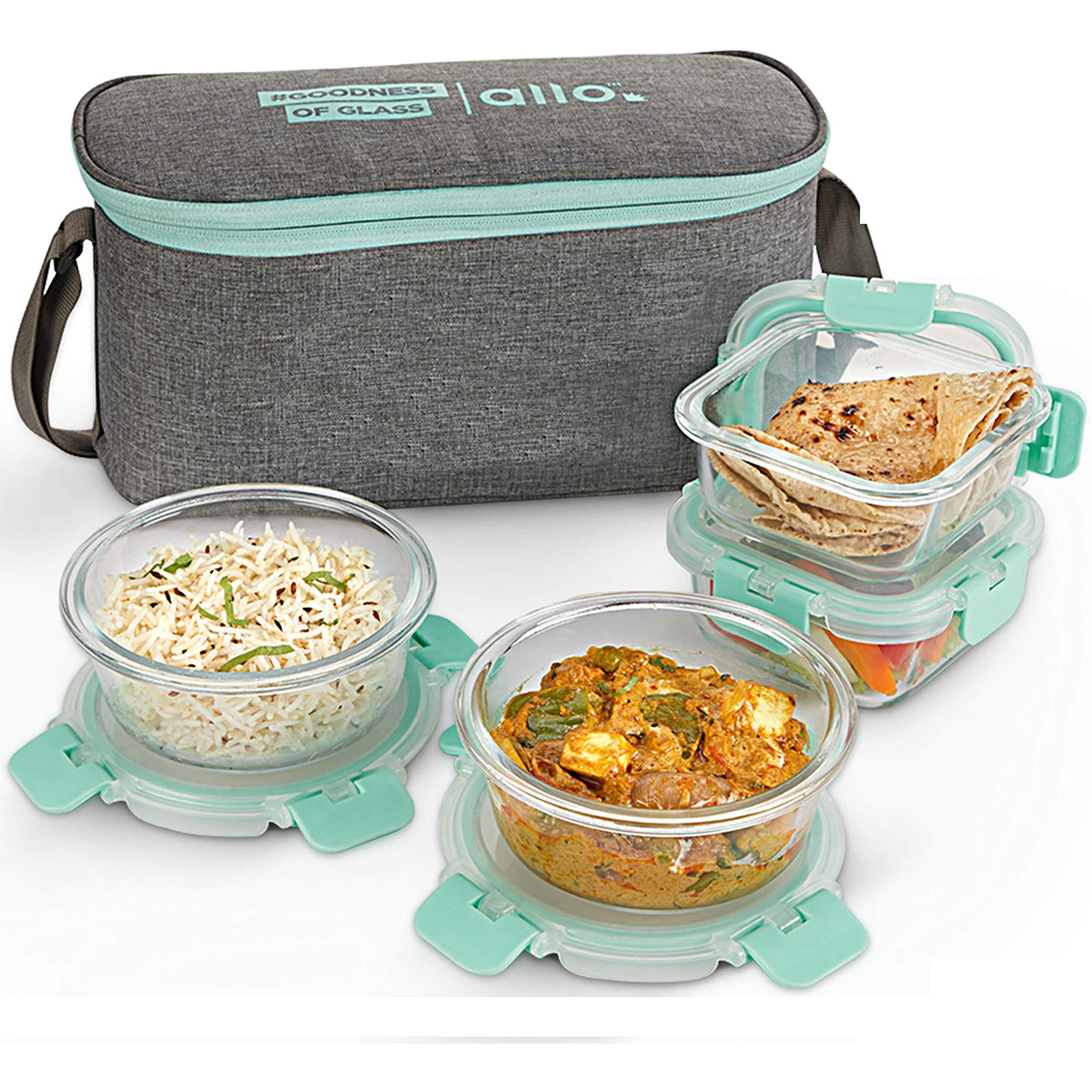 Allo FoodSafe Glass Lunch Box with Break Free Lock, Microwave & Oven Safe, Borosilicate Glass Container, Office Tiffin with Canvas Grey Bag, Set of 4, 310ml x 2 & 390ml x 2, Square & Round