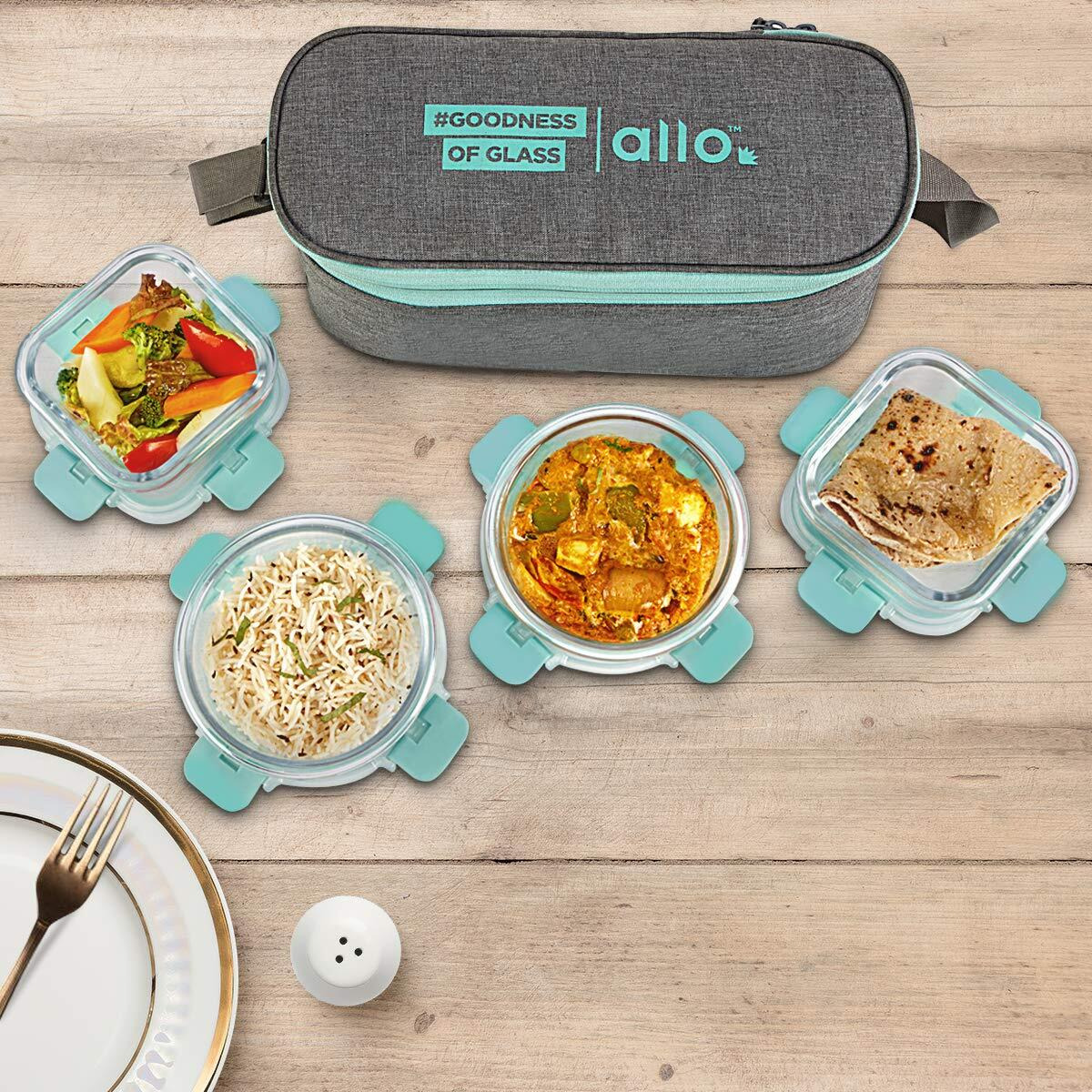 Allo FoodSafe Glass Lunch Box with Break Free Lock, Microwave & Oven Safe, Borosilicate Glass Container, Office Tiffin with Canvas Grey Bag, Set of 4, 310ml x 2 & 390ml x 2, Square & Round