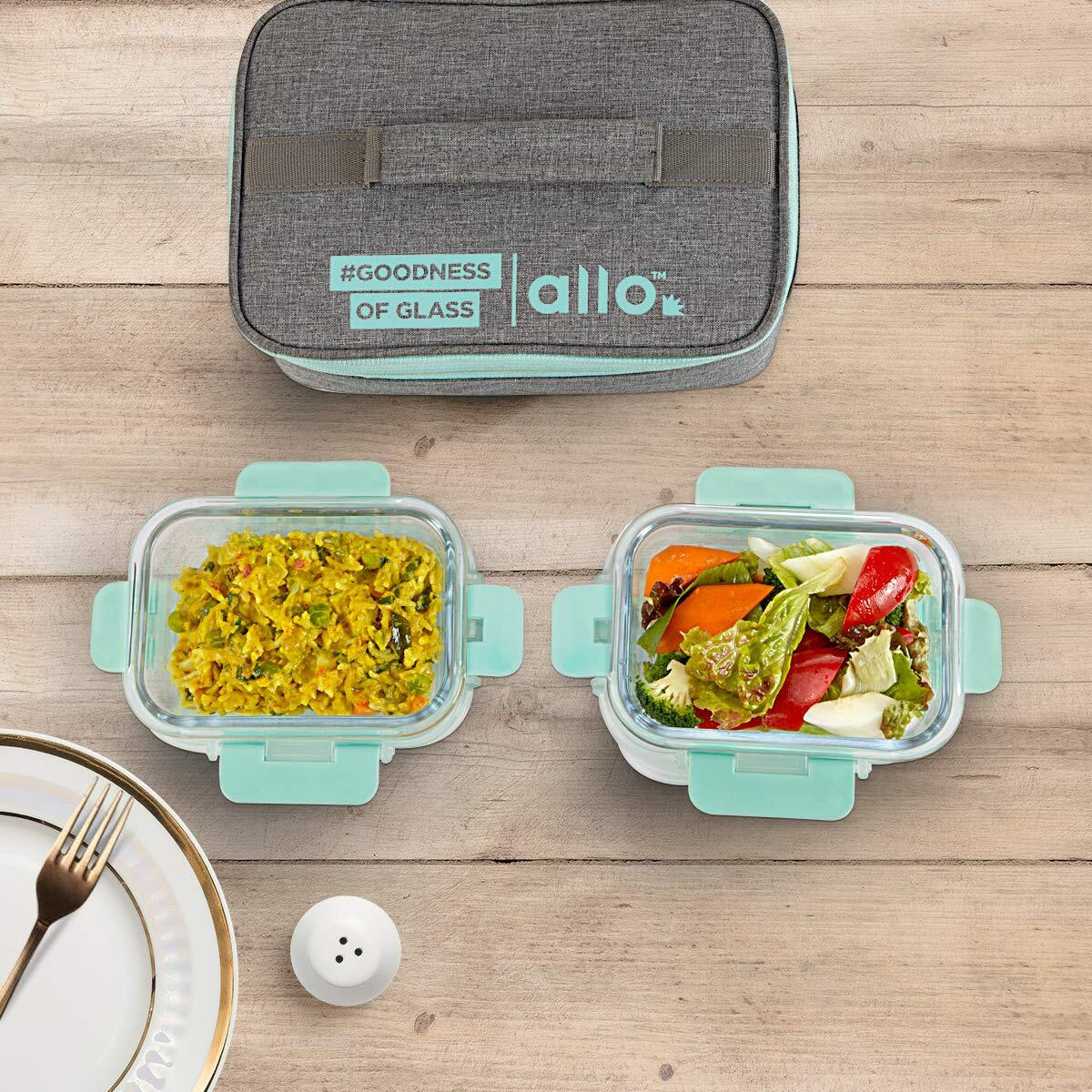 Allo FoodSafe 370ml x 2 Glass Microwave Oven Safe Lunch Box with Break Free Detachable Lock | High Borosilicate | Office Tiffin with Canvas Grey Bag | Set of 2 Rectangle