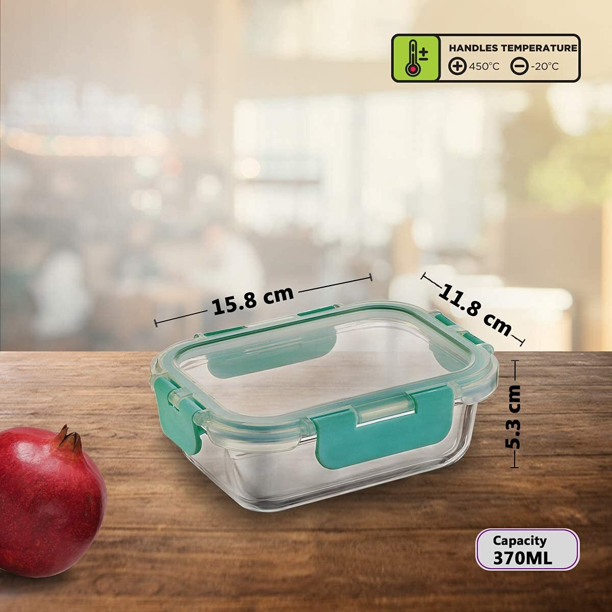 Allo Foodsafe Glass Containers With Lids, Lunch Boxes For Office With Break Free Lock,Microwave Safe,Borosilicate Meal Prep Glass Food Storage Containers For Kitchen, Set Of 2, 370Ml - Transparent