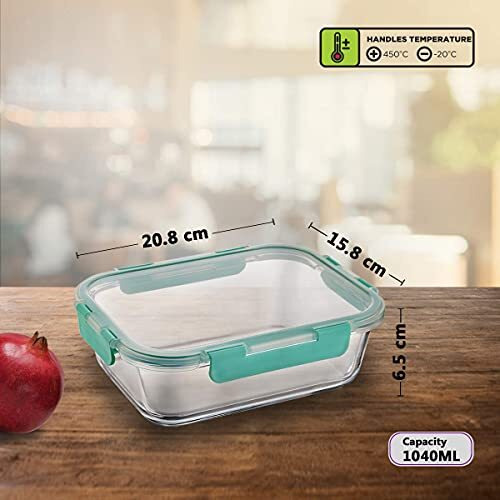 Allo Borosilicate Glass FoodSafe Rectangle Oven Safe Microwave Safe, Leak Proof Food Storage Container with Break Free Detachable Lock, Transparent, 1040ml - Set of 2