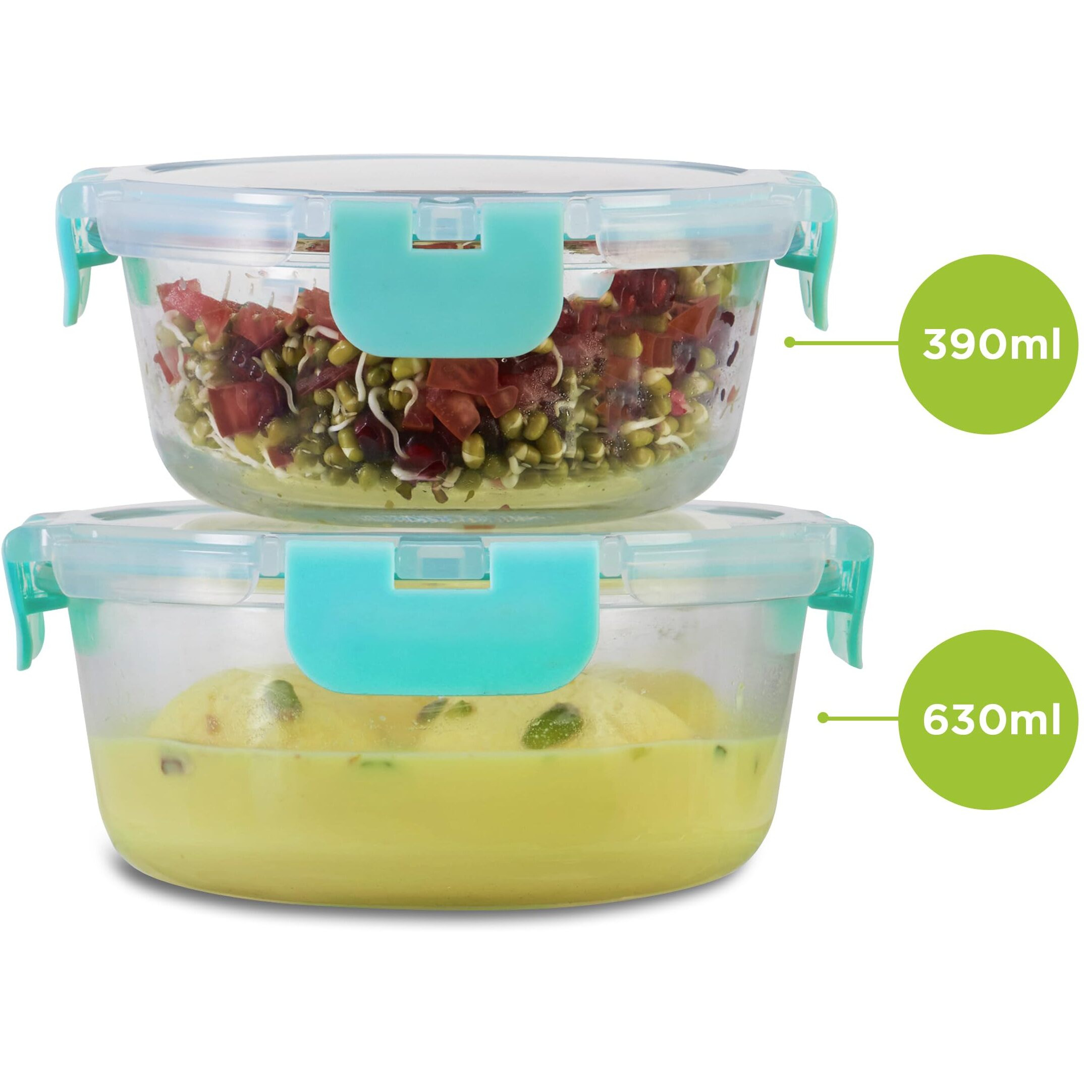 Allo FoodSafe Glass Containers with Lids with Break Free Lock, Microwave Safe Containers, Borosilicate Meal Prep Glass Food Storage Containers for Kitchen, Leak Proof, Set of 2, 390ml & 635ml, Round