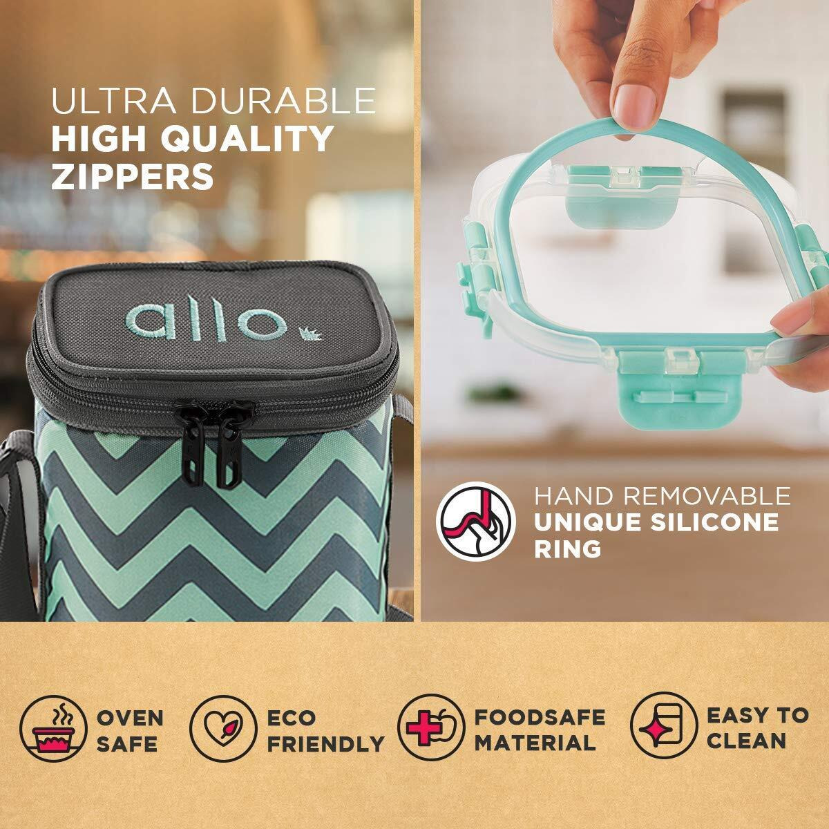 Allo FoodSafe Glass Lunch Box with Break Free Detachable Lock, Microwave & Oven Safe, Borosilicate Glass Container, Office Tiffin with Chevron Mint Bag, Set of 4,390ml, Round