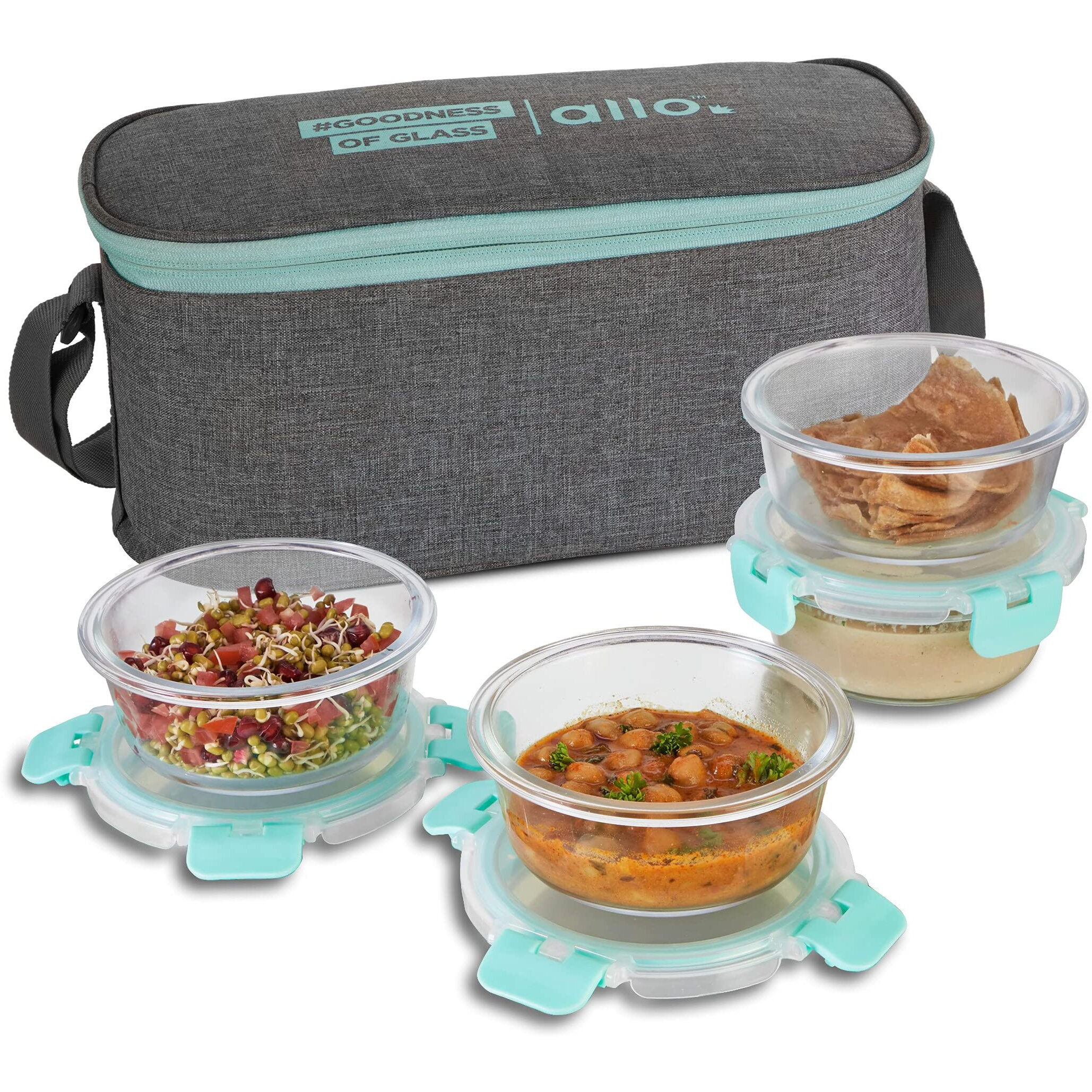 Allo FoodSafe Glass Lunch Box with Break Free Detachable Lock, Microwave & Oven Safe, Borosilicate Glass Container, Office Tiffin with Canvas Grey Bag, Set of 4,390ml, Round