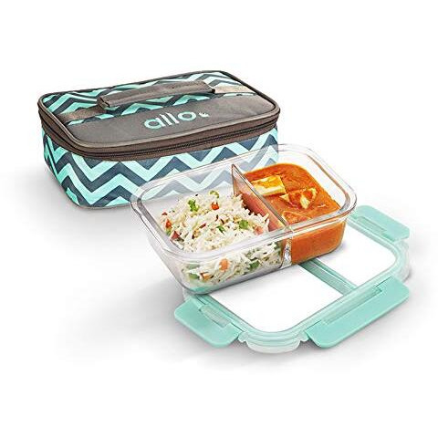 Allo FoodSafe Compartment Glass Lunch Box with Break Free Lock, Microwave Safe, Borosilicate Glass Container with Partition Divider, Office Tiffin with Chevrin Mint Bag, 1000ml, Rectangle