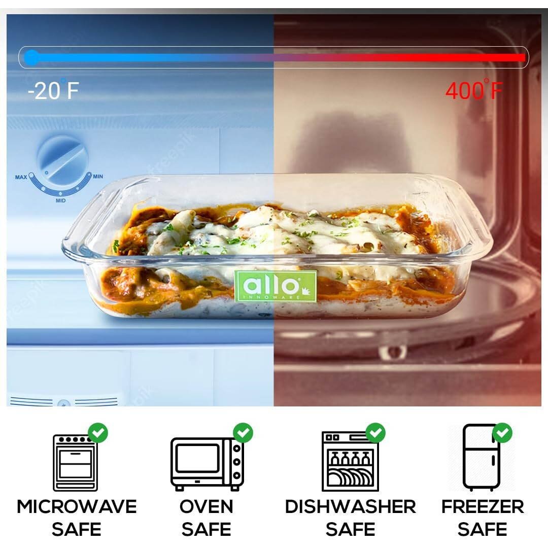 Allo Borosilcate Rectangle Glass Baking Dish, Baking Tray, Oven and Microwave Safe, 1000ml, Transparent