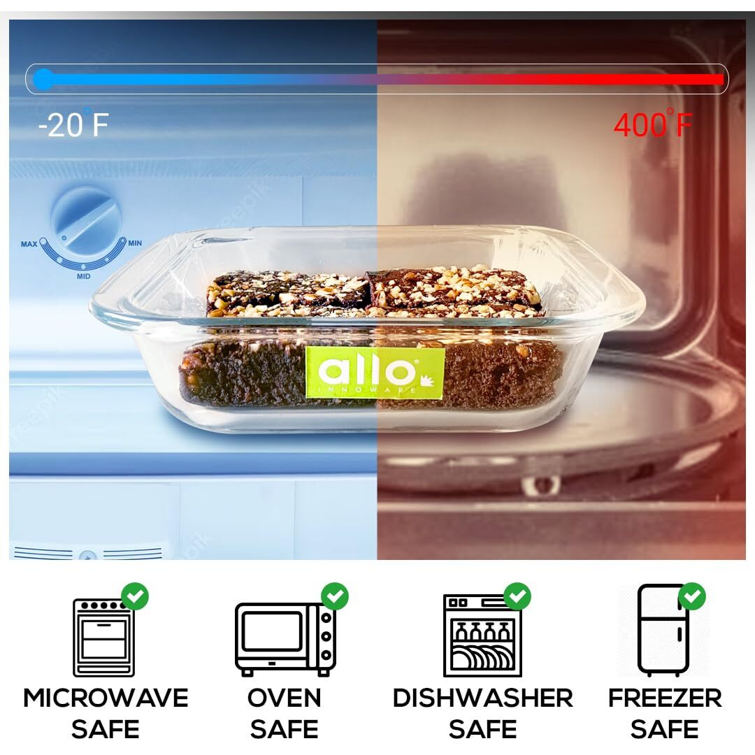 Allo Borosilcate Square Glass Baking Dish, Baking Tray, Oven and Microwave Safe, 1800ml, Transparent