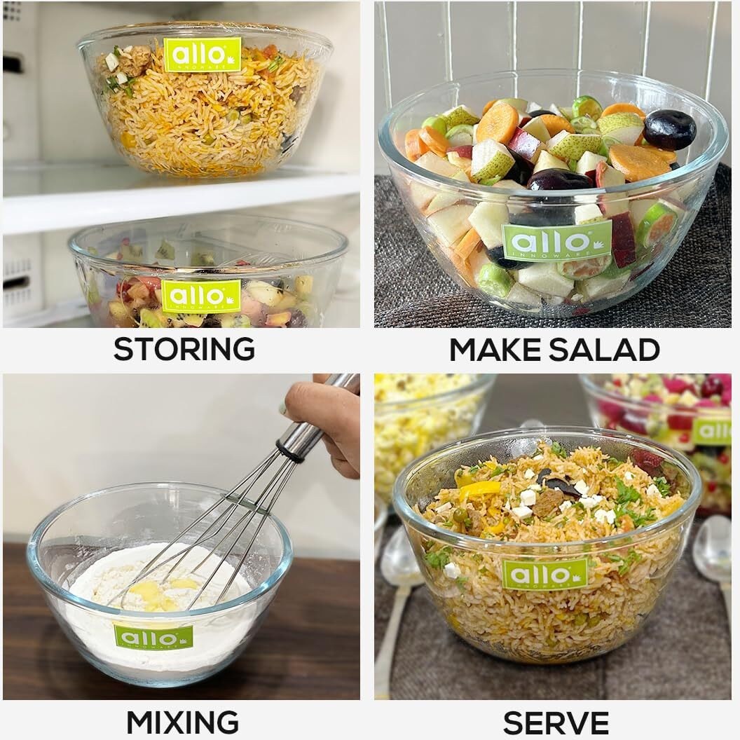 Allo Food Safe Borosilicate Glass Mixing & Serving Bowls for Kitchen, Oven & Microwave Safe Bowls, Dishwasher and Freezer Safe Bowl, 500ML, Transparent