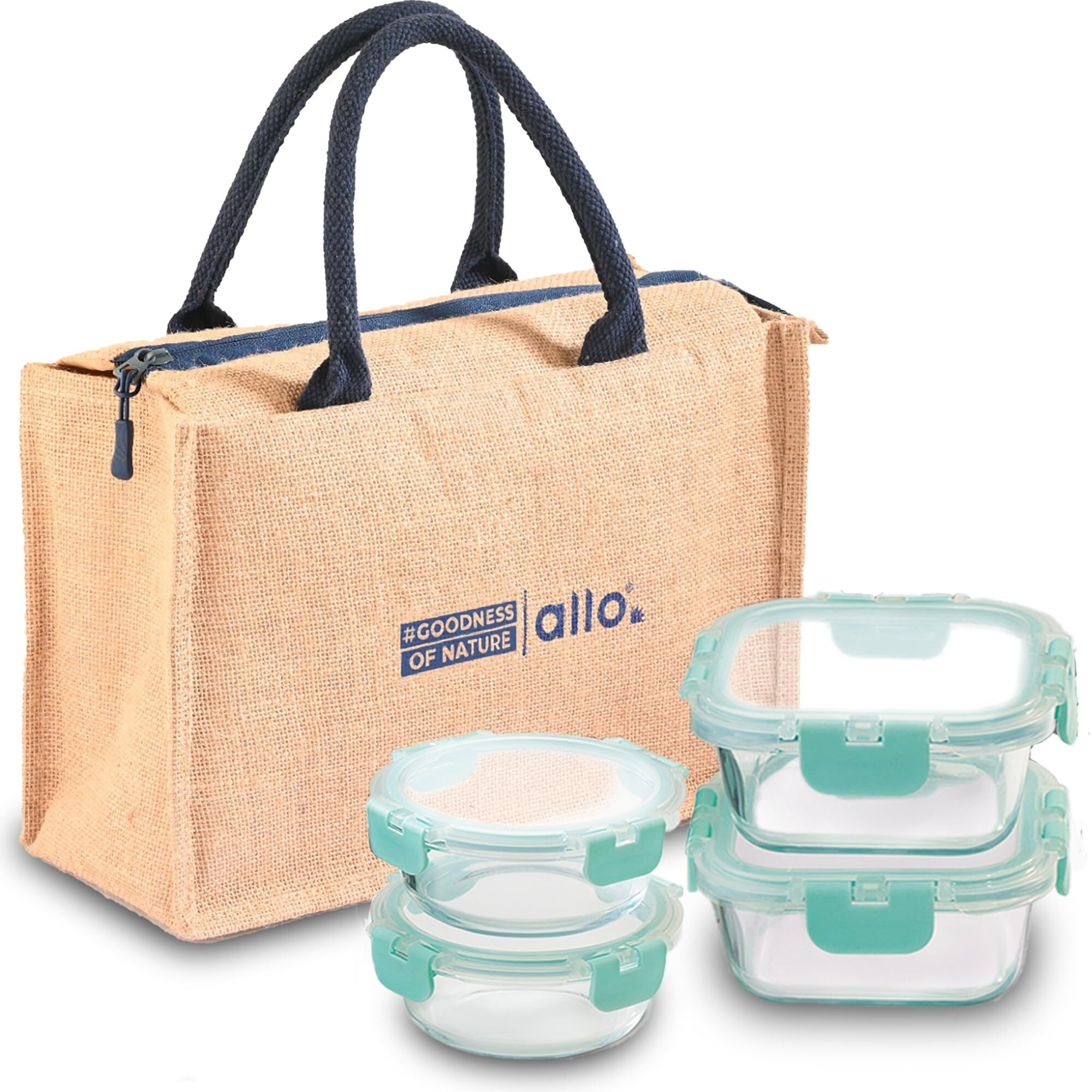 Allo Food Safe Glass Lunch Box With Break Free Detachable Lock, 450C Microwave Safe Lunch Box, Borosilicate Glass Tiffin For Office With Jute Tiffin Bag, Set Of 4, 215Ml X 2 & 310Ml X 2, Beige