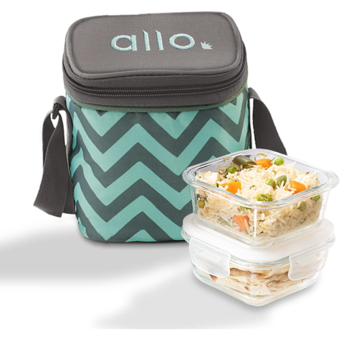 Allo Food Safe Borosilicate Glass Lunch Box, 450C Microwave Safe Lunch Box, Borosilicate Borosilicate Glass Tiffin for Office with Chevron Mint Tiffin Bag, Set of 2, 320ml x 2, Square