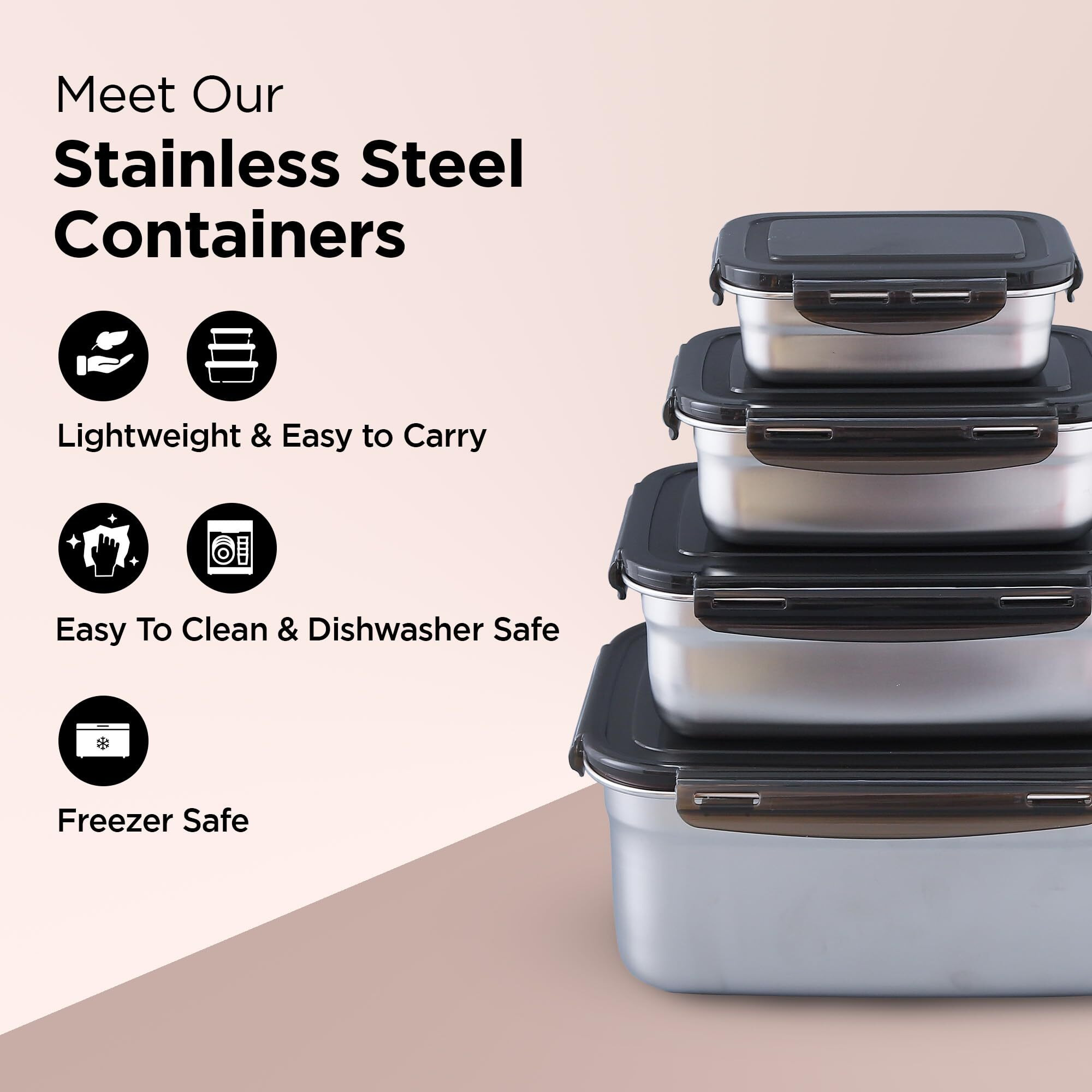 UMAI Stainless Steel Lunch Boxes | Kitchen Containers with lid Set of 4-400ml, 600ml, 1600ml & 3500ml | Multipurpose | Air Tight Tiffin Boxes | Lunch Boxes for Office/School/College | Rectangular