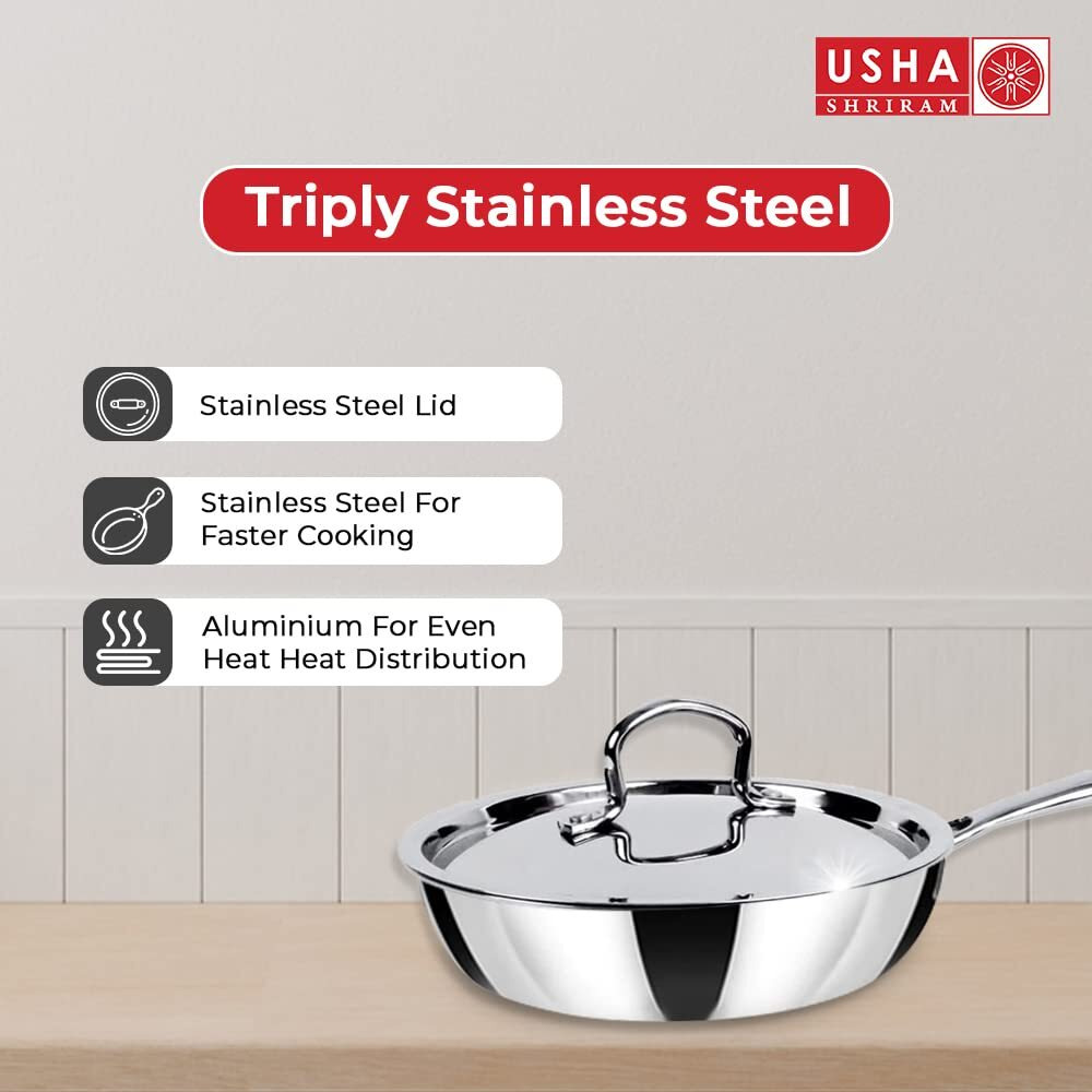 USHA SHRIRAM Triply Stainless Steel Frying Pan with Lid | Stove & Induction Cookware | Heat Surround Cooking | Easy Grip Handles | Stainless Steel Fry Pan with Lid (1.2L)