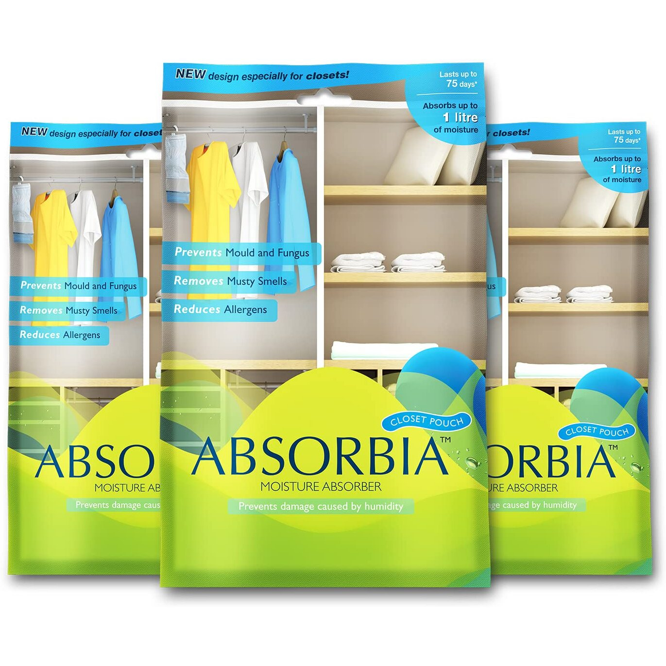 Absorbia Moisture Absorber| Absorbia Hanging Pouch - Family Pack of 3 (440ml Each)