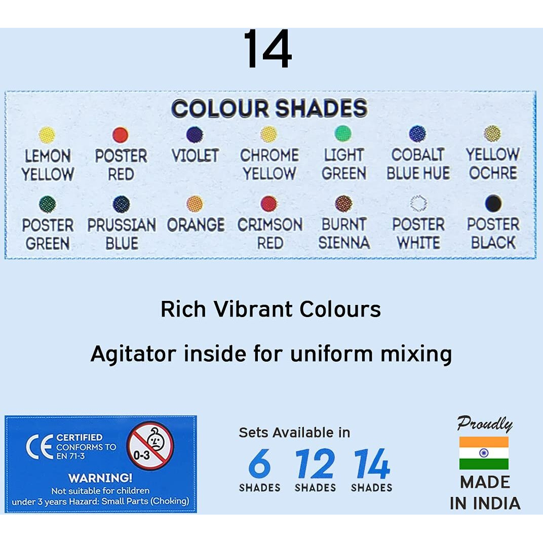 DOMS 14 Shades Poster Colours | Rich & Vibrant Colors | Free Agigator & Brush Inside For Uniform Mixing | Non-Toxic & Safe For Childrens | Pack of 1