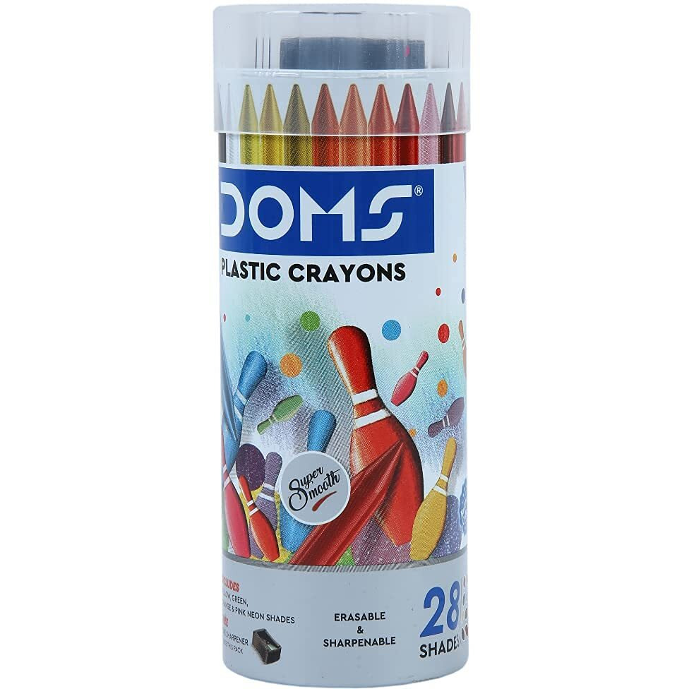 Doms 28 Shades Erasable Plastic Crayons Round Tin Box | Smooth & Even Shading | Bright & Playful Colors | Free Sharpner Inside | Non-Toxic & Safe For Childrens | Pack of 1