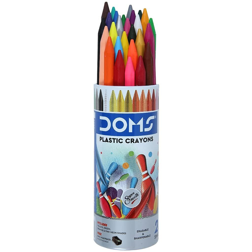 Doms 28 Shades Erasable Plastic Crayons Round Tin Box | Smooth & Even Shading | Bright & Playful Colors | Free Sharpner Inside | Non-Toxic & Safe For Childrens | Pack of 1