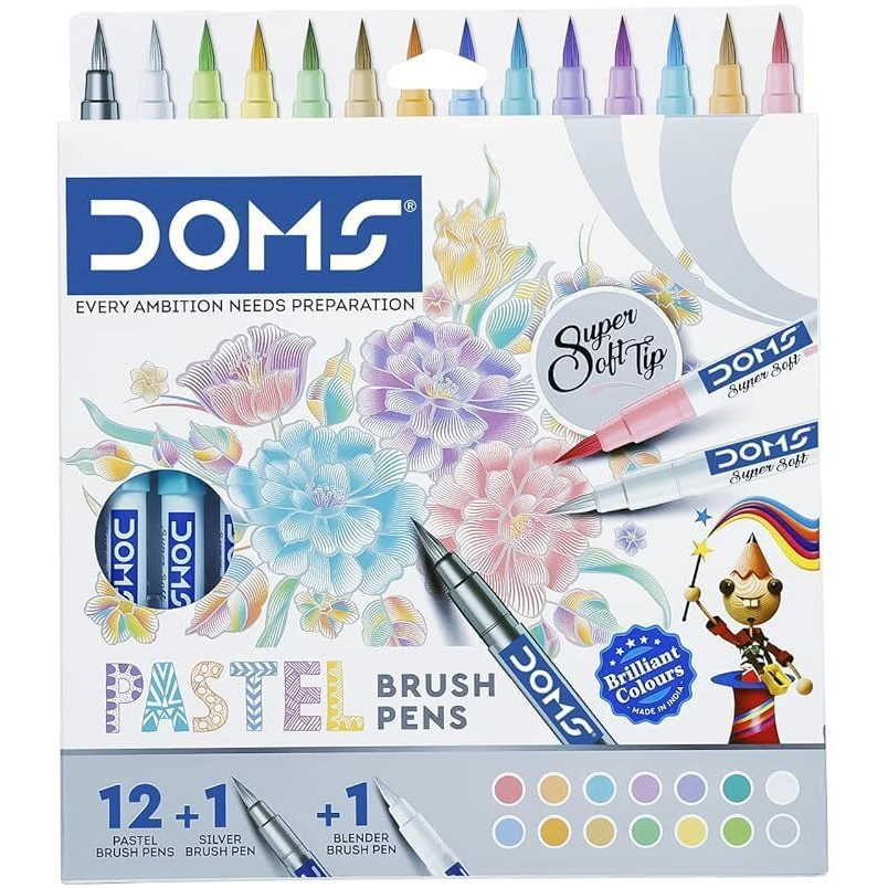 Doms Super Soft Tip Pastel Shades Brush Pen Set | 12 Pastel Shades + 1 Silver Shade + 1 Blender | Ideal for Doodling, Illustrations, Calligraphy, Artists, Studenst & Professioanls | Pack Of 1