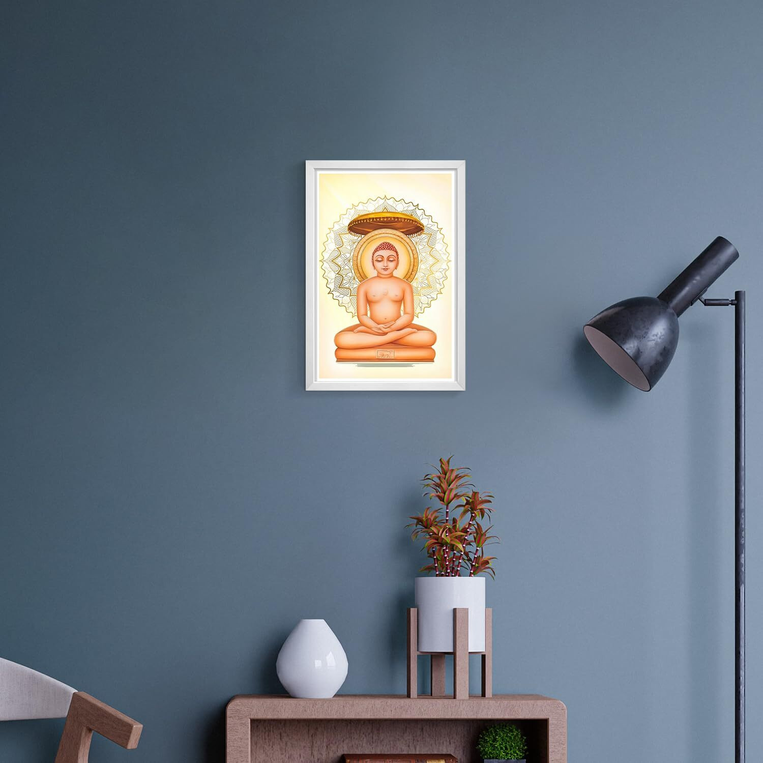 WhatsYourPrint Mahavir Swami wall decor (Size 8x12 inches, White Color Frame)