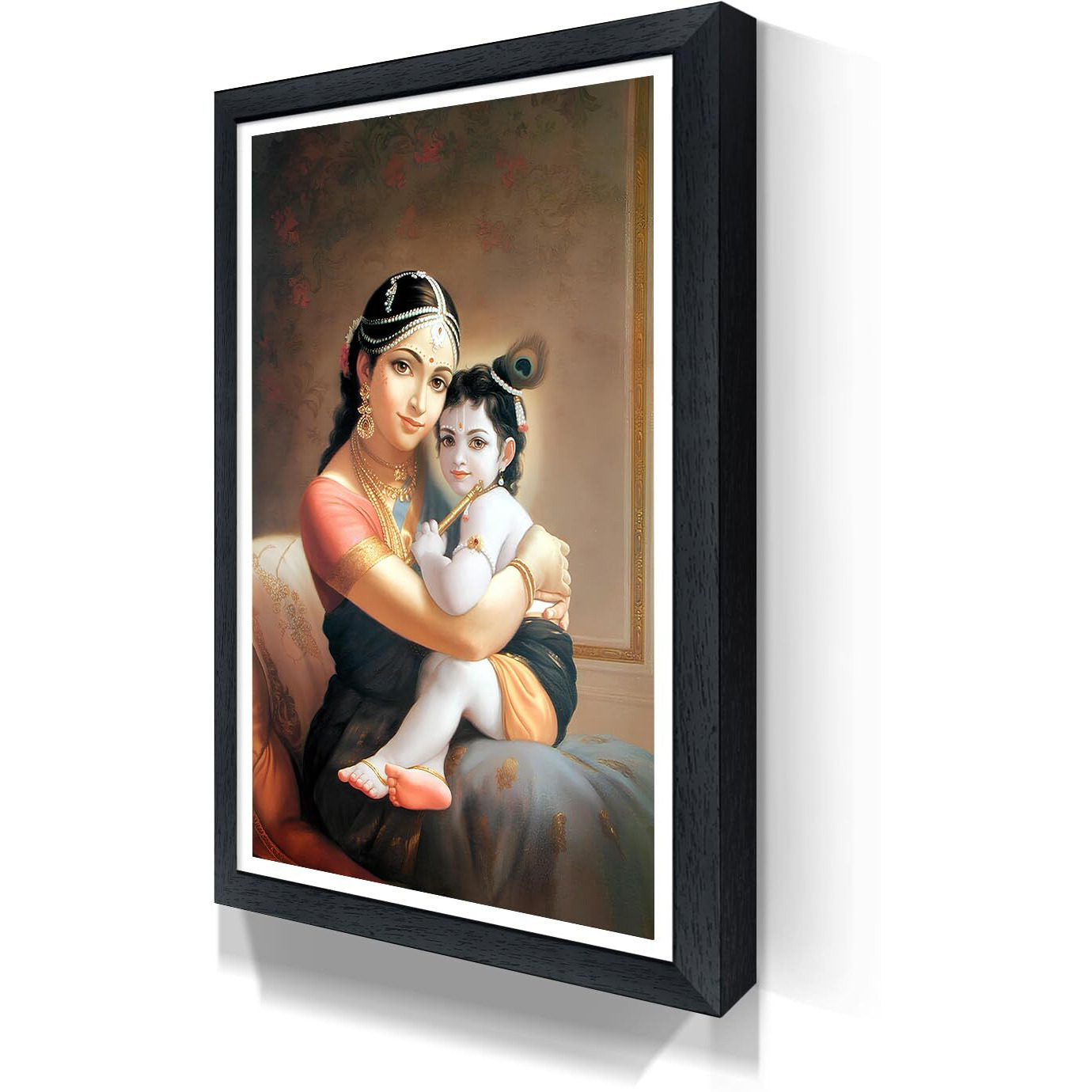 WhatsYourPrint Religious Frame Krishna with Maa Yashoda (Size 8x12 inches, Black Color Frame)