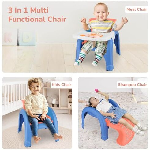 R for Rabbit Jelly Bean Chair 3 in 1 Mult i-Functional Baby Study | Shampoo | Meal | Regular Kids Seating Chair with High Backrest for 1-8 Years Kid, Weight Capacity Upto 40Kgs (Orange Blue)