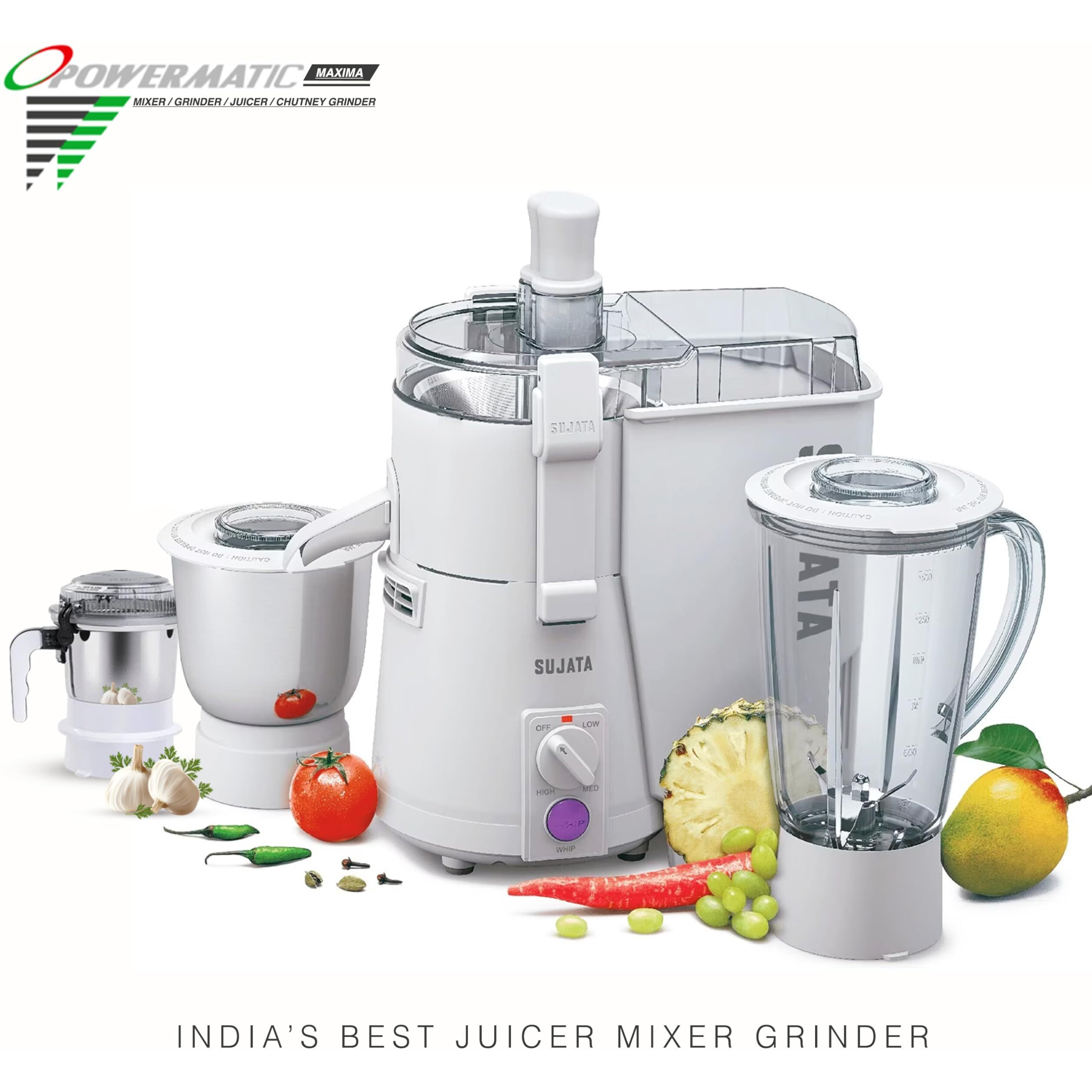 Sujata Powermatic Maxima 900 Watts All-In-One Juicer Mixer Grinder | 22000 Rotations Per Min | 90 Minutes Continuous Running | 3 Versatile Jars 1750 ml, 1000 ml and 400 ml