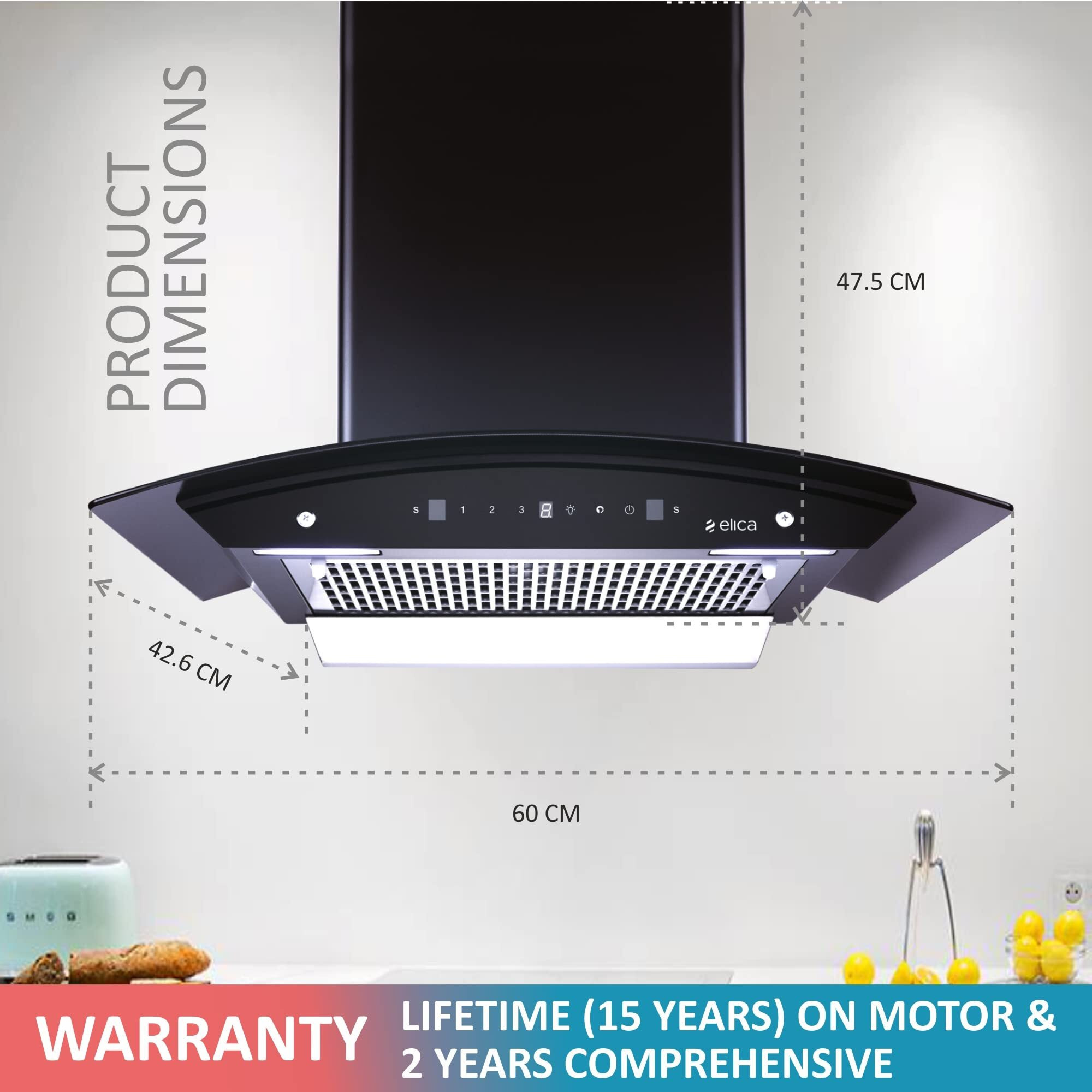 Elica 60 cm 1200 m3/hr Filterless Autoclean Kitchen Chimney with 15 Years Warranty (WDFL 606 HAC LTW MS NERO, Touch + Motion Sensor Control, Black)