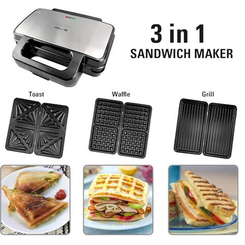 iBELL SM3010M 3-in-1 Sandwich Maker Big Size, 1300 Watt, 2 Year Warranty, with Automatic Temperature Control and Detachable Plates for Toast/Waffle/Grill (28.5 x 25 x 10 cm)