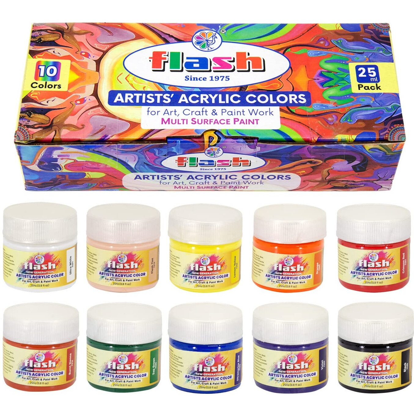 Flash Acrylic Paint Set For Adults Kids Professionals-10 Acrylic Colours Set of 25ml Each-High Pigment Strength Eco Friendly Non Fading Non Toxic Multi Surface Acrylic Paint (25 ml each, 10 Colours)