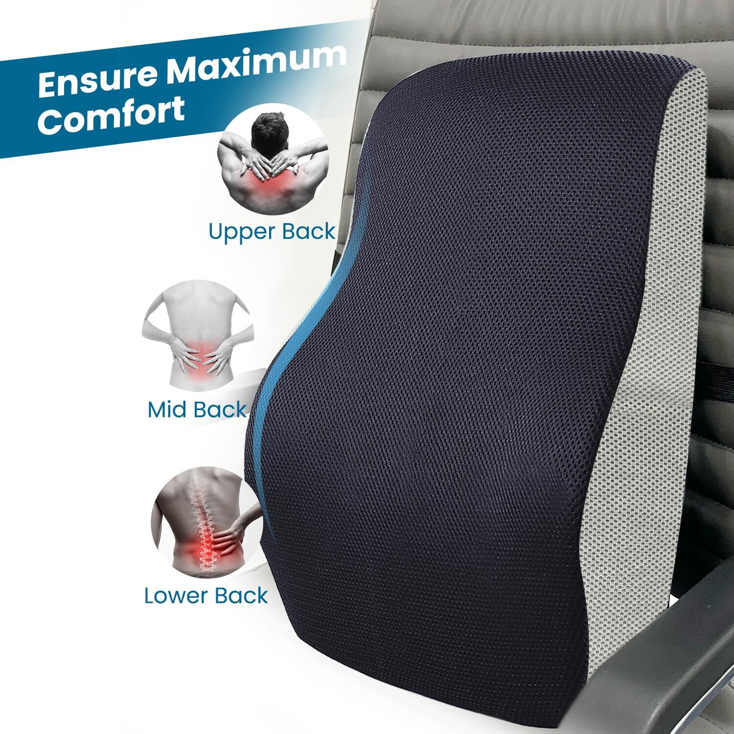 Sleepsia Memory Foam Lumbar Support - Orthopedic Back Cushion | Back Rest for Car and Office Chair | Back Pain Relief Spine Alignment Sitting Pillow with Removable Cover (Black/Grey, Gel Infused)