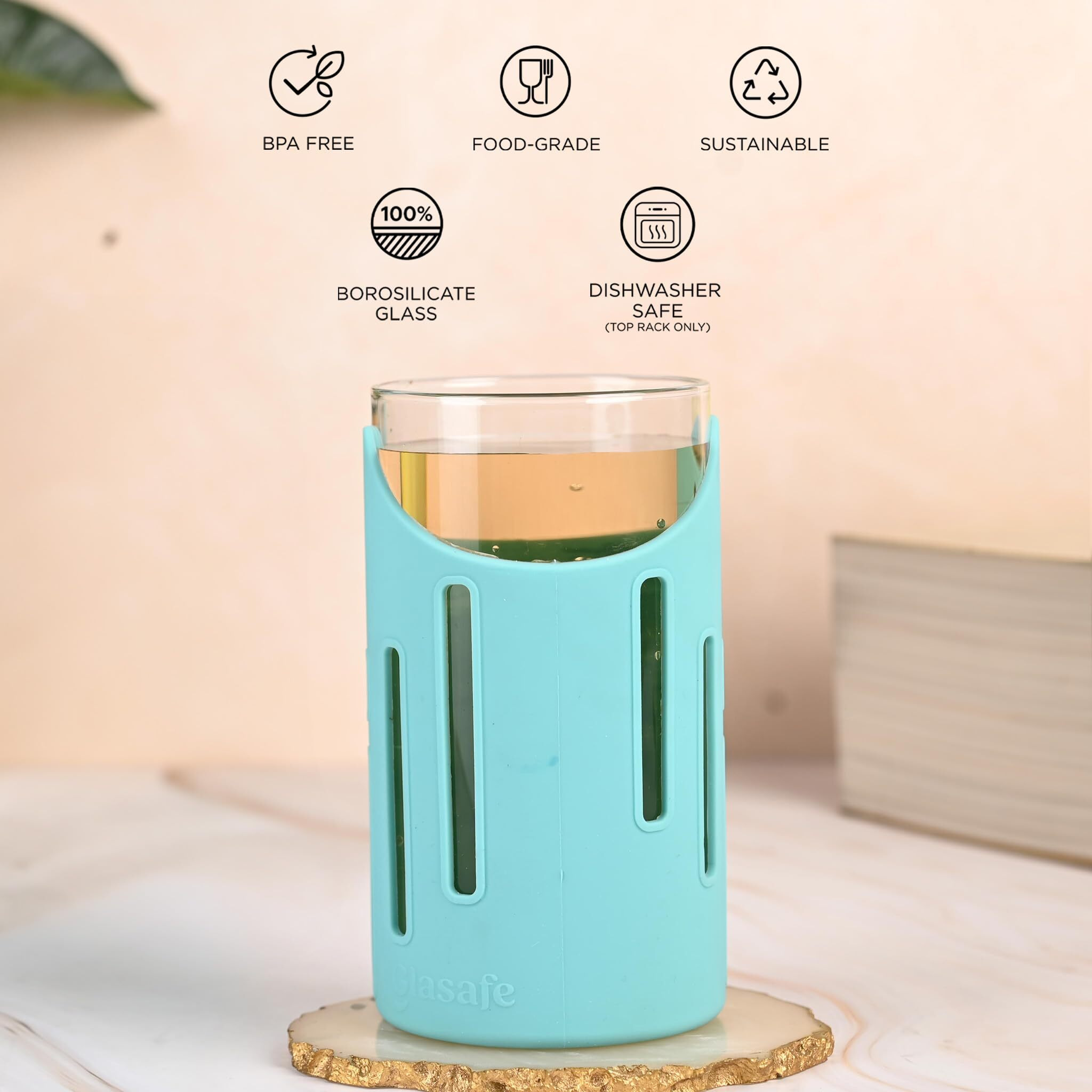 GLASAFE Grip N Sip Borosilicate Drinking Glass,350ml|Anniversary Gift for Couple Special, Wedding Gift for Couples, Office, Gym, Travelling (Mellow Mist)