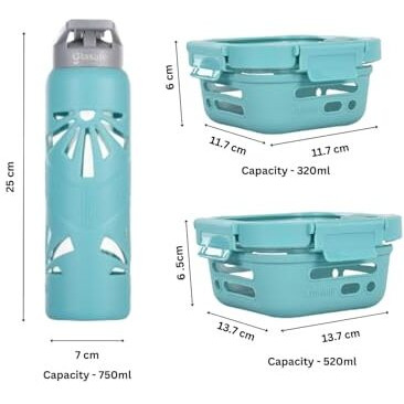 GLASAFE Desk Munch Combo Borosilicate Glass Tiffin & Bottle Set - Water Bottle|Microwave Safe Lunch Box|Lunch Boxes for Office Men & Women (750ml bottle,320ml & 520ml tiffin,Green)