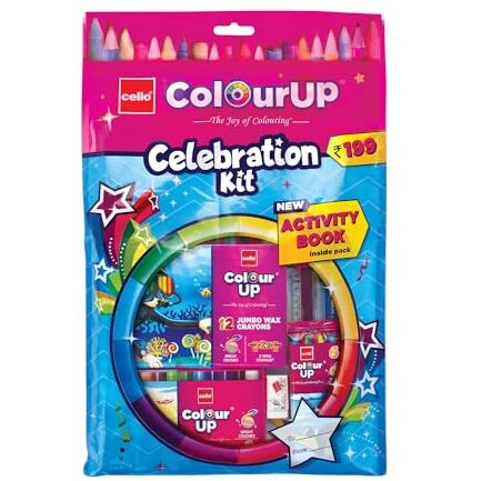 Cello ColourUp Celebration Kit | Colouring Kit includes includes Crayons, Sketch Pens, Coloured Pens & Activity Book | Ideal for Kids Gifting