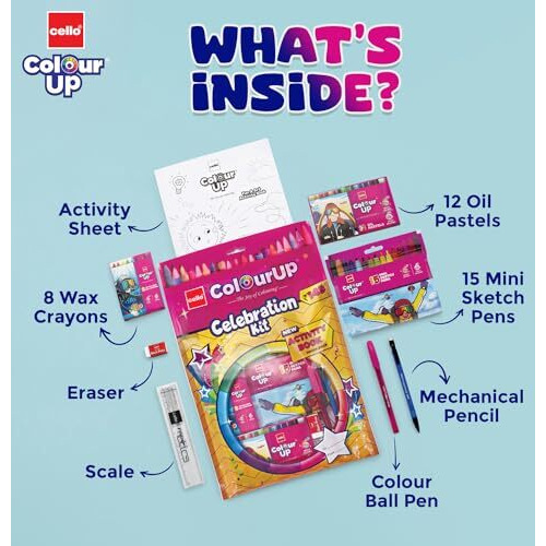 Cello ColourUp Celebration Kit | Colouring Kit includes Crayons, Sketch Pens, Coloured Pens & Activity Book | Ideal for Kids Gifting