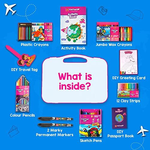 Cello ColourUp Travel Kit | Includes Crayons, Colour Pencils, Sketch Pens, Clay, DIY Passport & Bag Tag | Travel Friendly Suitcase Pack | Ideal for Kids Gifting, Multicolor