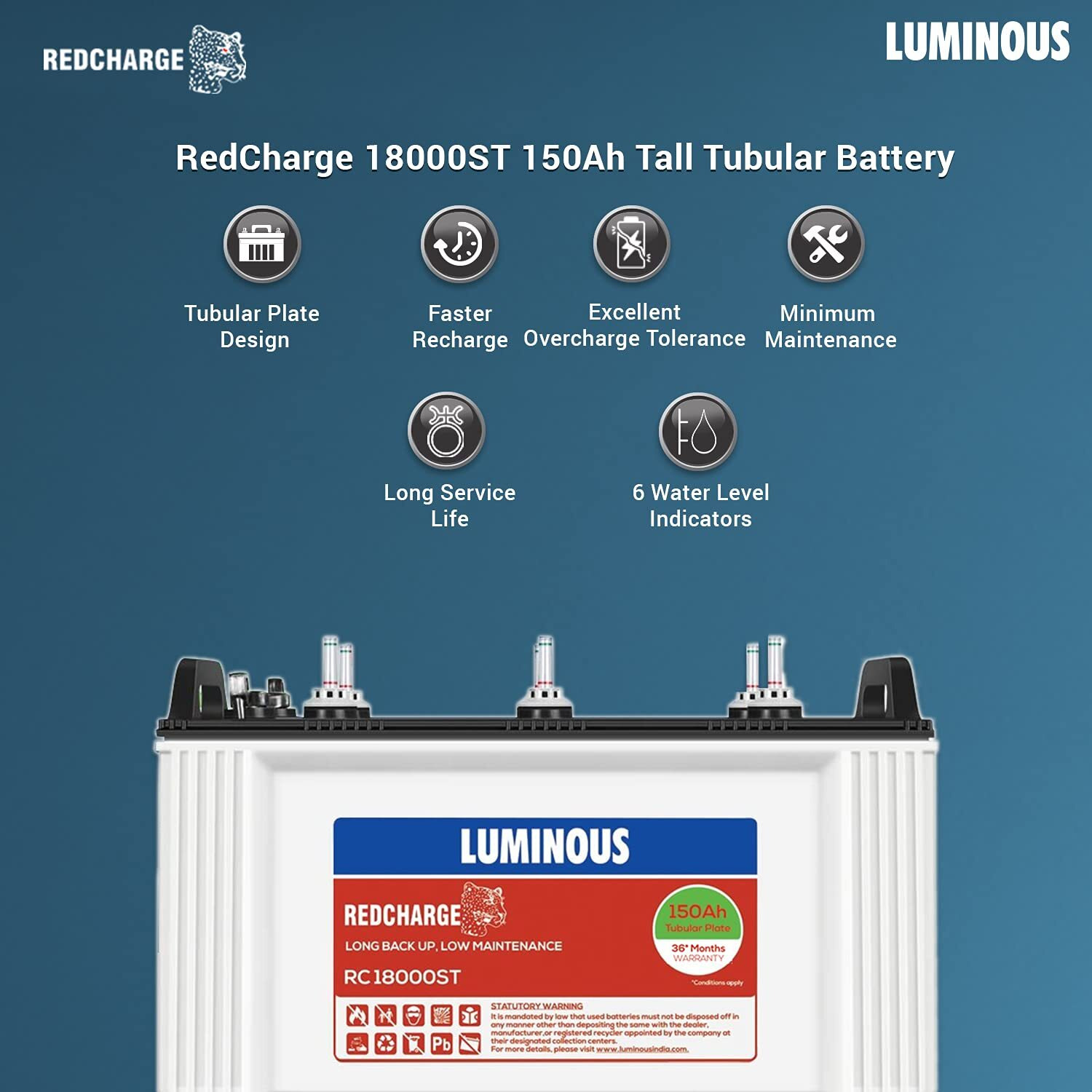 Luminous RedCharge RC 18000 ST 150AH Short Tubular Plate Inverter Battery for Home, Office & Shops