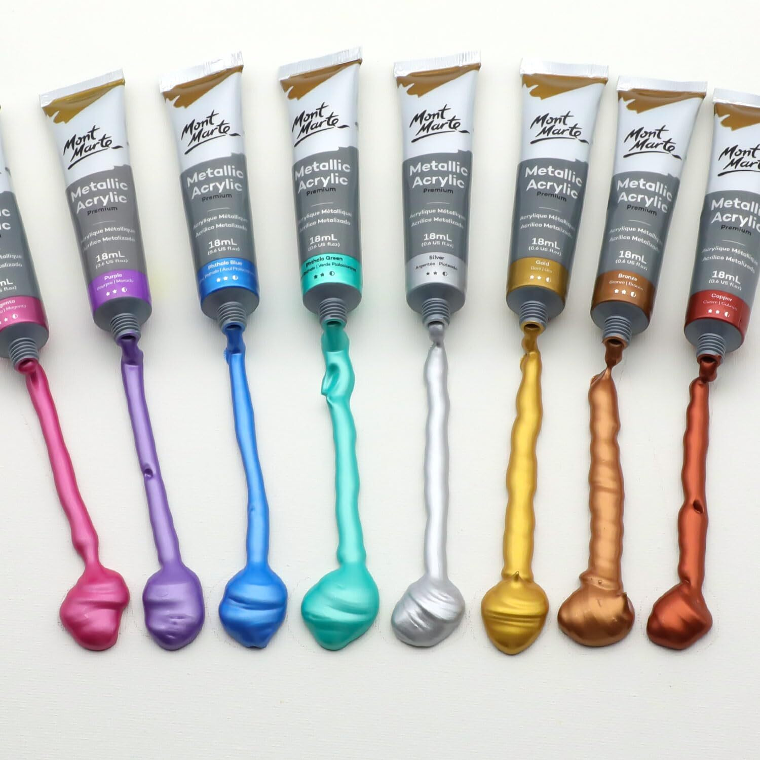 Mont Marte Acrylic Paint, Gold, Silver, Bronze, Copper, Magenta, Purple, Phthalo Blue, Phthalo Green Metallic Finish 18ml