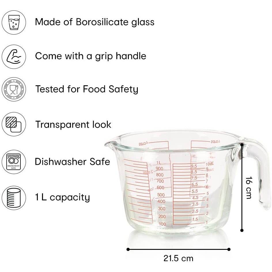 Anko 1L Borosilicate Glass Measuring Jug | Microwave & Dishwasher Safe | Cooking Accessory | Measuring Cup for Accurate Measurements | Baking Essentials