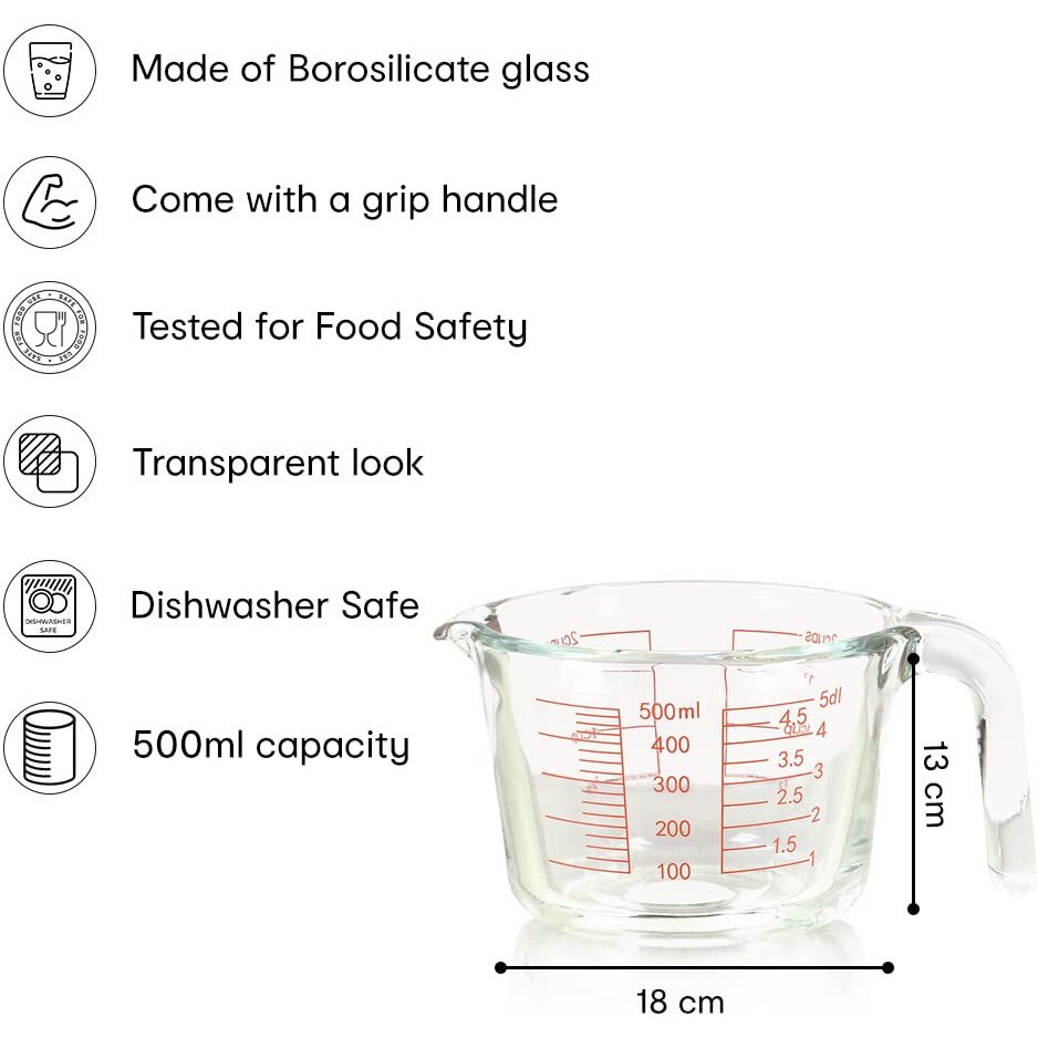 Anko 500 ML Glass Measuring Cup | 500 ml Measuring Jar for Kitchen Ingredients | Cooking Accessory | Microwave and Dishwasher Safe Measuring Cups for Accurate Ingredients | Borosilicate Glass