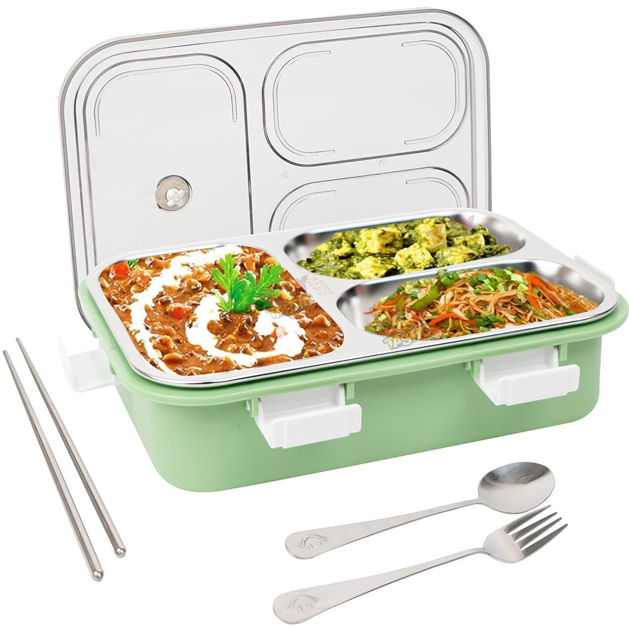 TOYTASTIC Lunch Box Sealed Leakage Proof Stainless Steel Lunch Box with Fork,Chopstick & Spoon Lid Office Food Container 3 Compartment for School Kids and Adults, 750ml