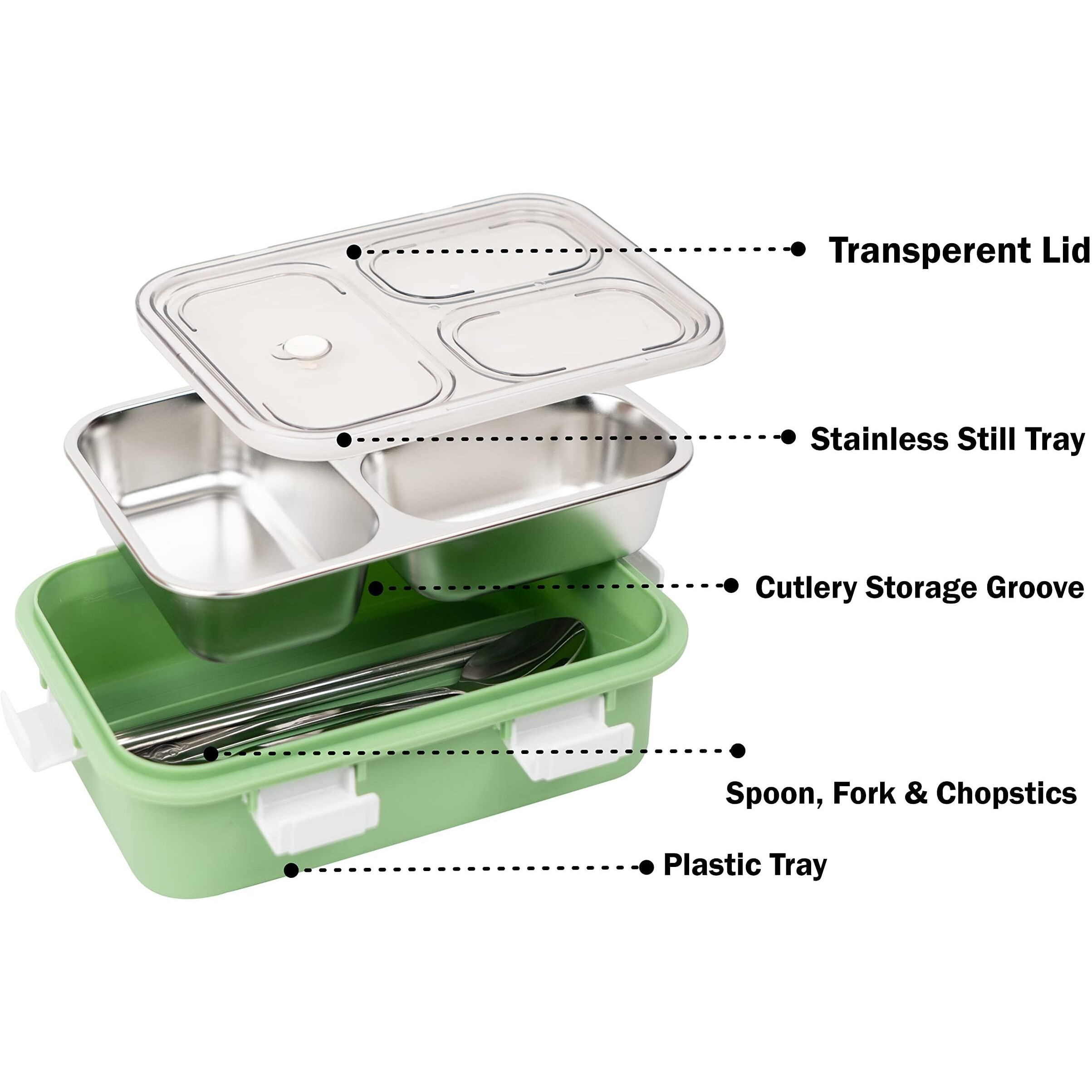 TOYTASTIC Lunch Box Sealed Leakage Proof Stainless Steel Lunch Box with Fork,Chopstick & Spoon Lid Office Food Container 3 Compartment for School Kids and Adults, 750ml