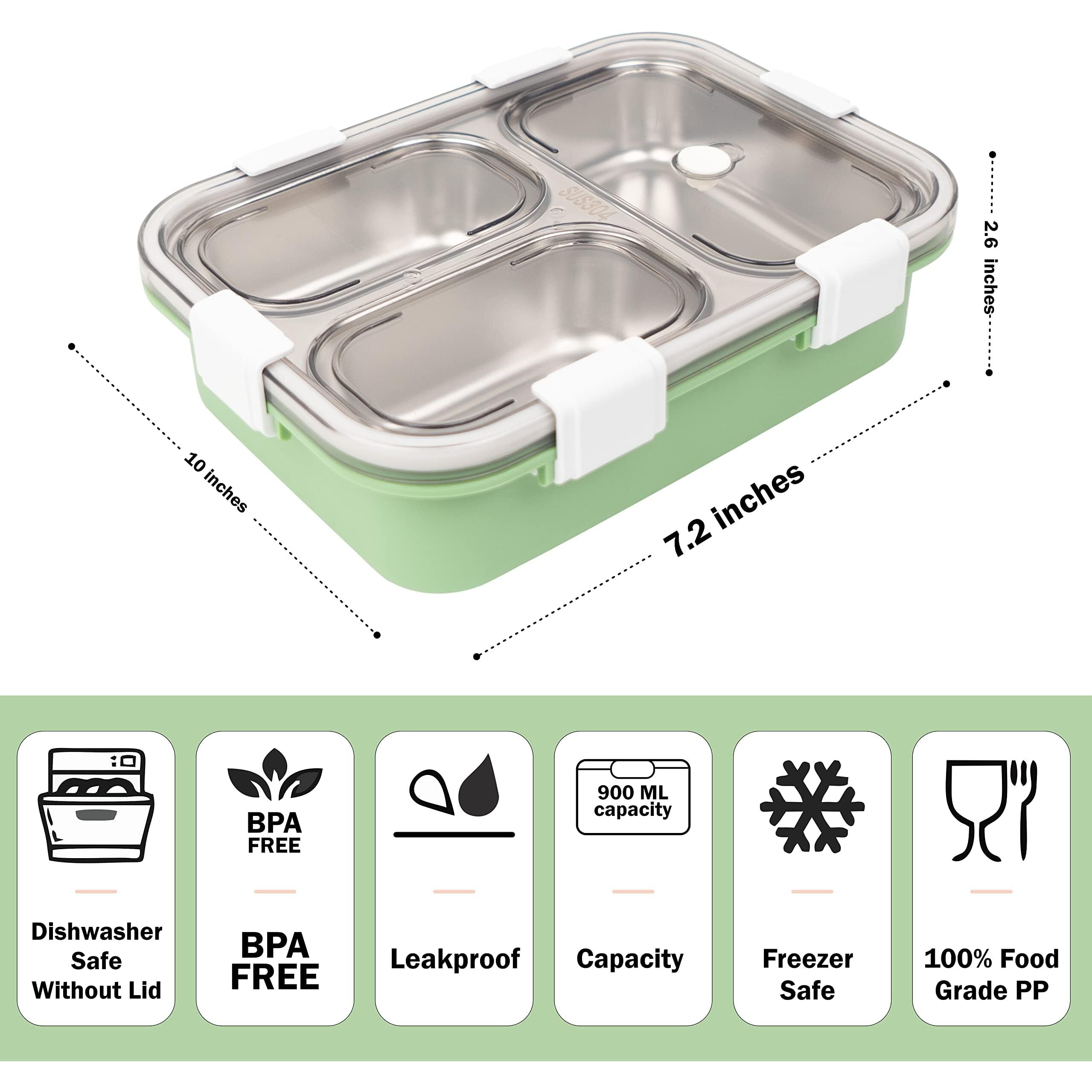 TOYTASTIC Lunch Box Sealed Leakage Proof Stainless Steel Lunch Box with Fork,Chopstick & Spoon Lid Office Food Container 3 Compartment for School Kids and Adults, 750ml