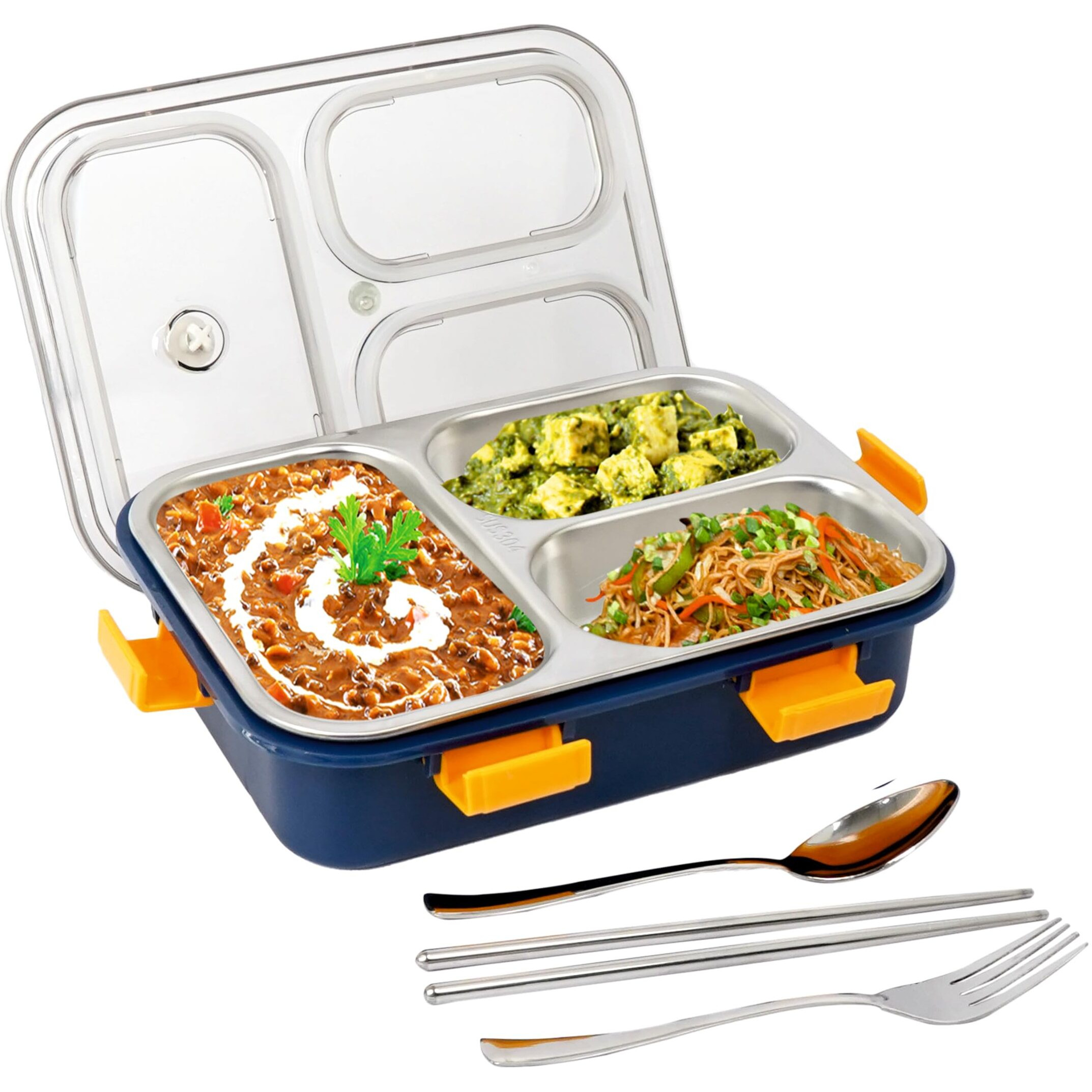 TOYTASTIC Lunch Box Sealed Leakage Proof Stainless Steel Lunch Box with Fork,Chopstick & Spoon Lid Office Food Container 3 Compartment for School Kids and Adults, 750ml