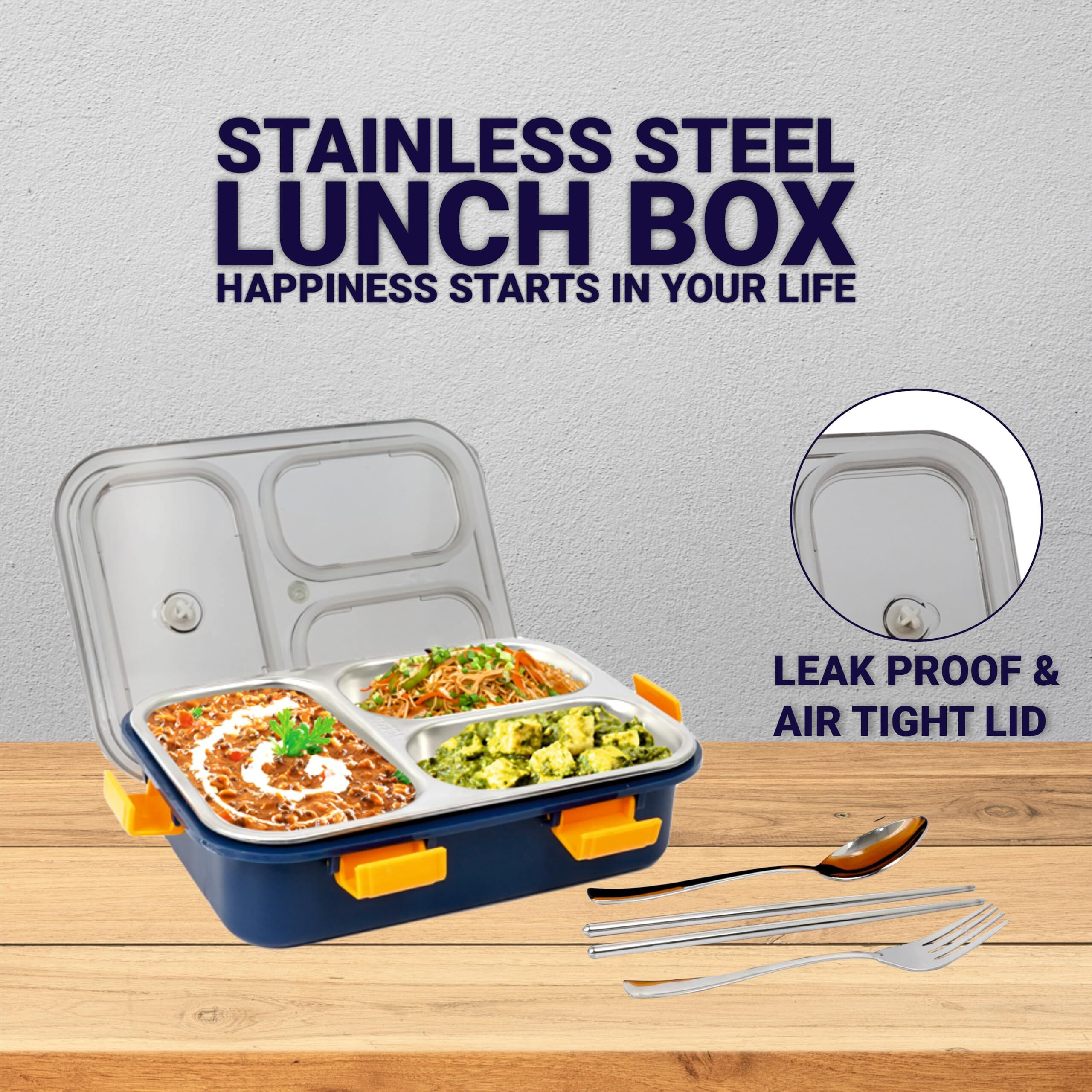 TOYTASTIC Lunch Box Sealed Leakage Proof Stainless Steel Lunch Box with Fork,Chopstick & Spoon Lid Office Food Container 3 Compartment for School Kids and Adults, 750ml