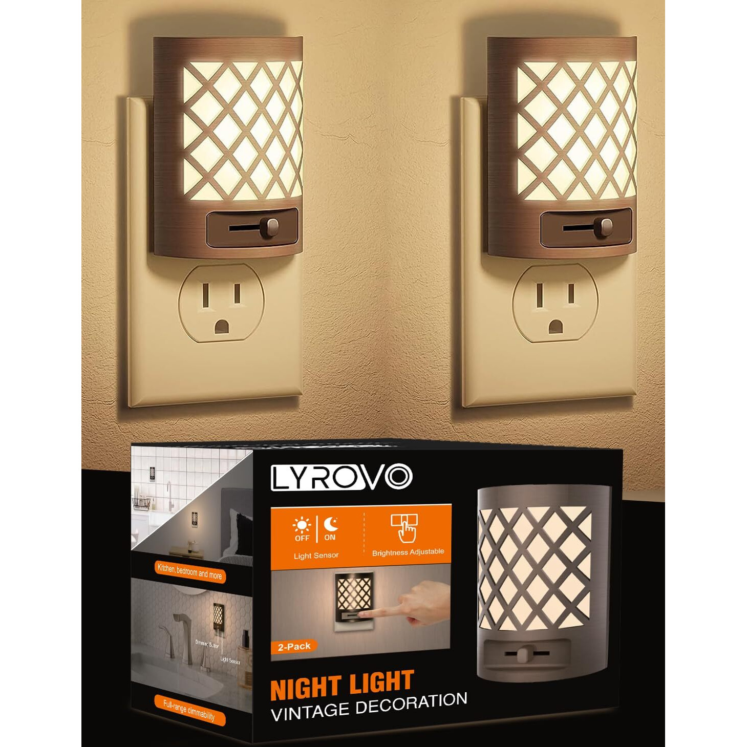 Lyrovo Auto On/Off night light lamp for Bathroom, Hallway, Bedroom,Kids Room,Stairway,Soft White 3000K (2, LY-GY017-VNL)