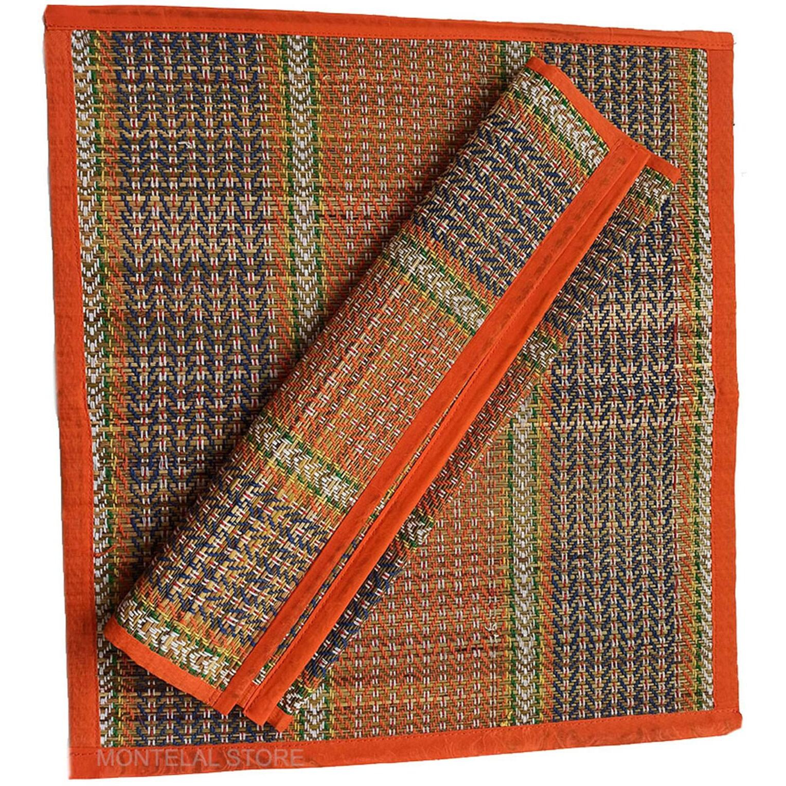 Montelal Store Handmade Korai Pai Kusha Grass Pooja Aasan Sitting Floor Mats Orange -Set of 2 Pcs