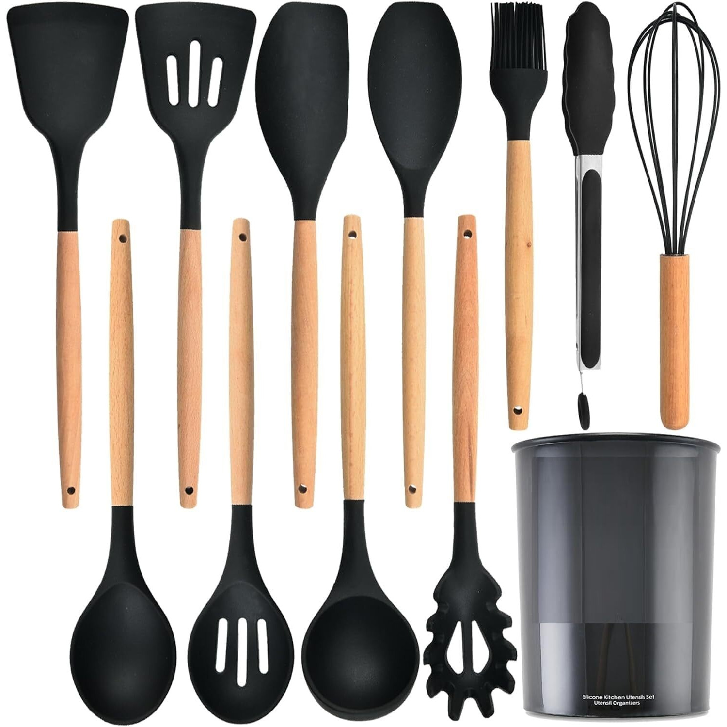 12 pcs Silicone Cooking Utensils Kitchen Utensil Set with Holder Heat Resistant Silicone Spatula Turner Set Wooden Spoons Kitchen Gadgets Tools Cooking Utensils for Nonstick Cookware (Black, 12)