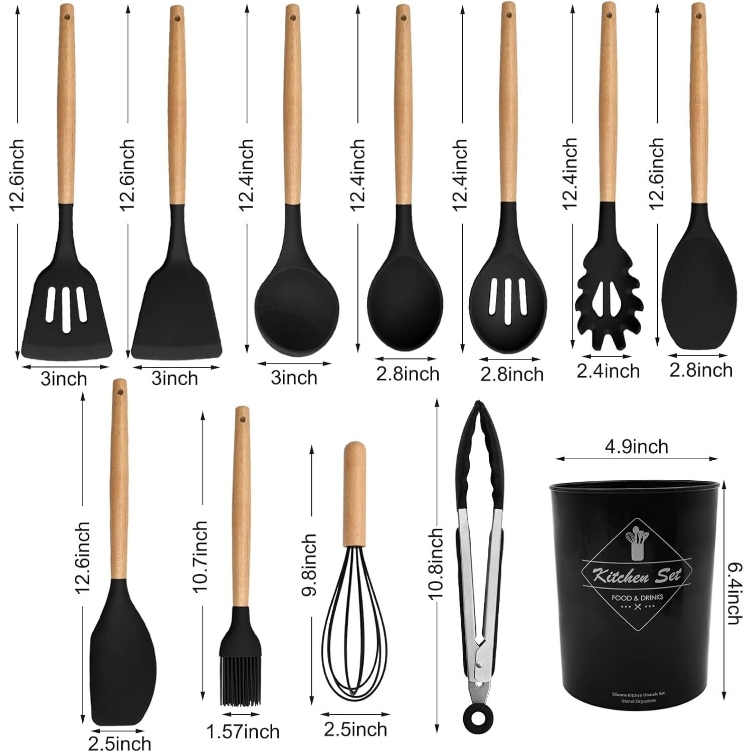 12 pcs Silicone Cooking Utensils Kitchen Utensil Set with Holder Heat Resistant Silicone Spatula Turner Set Wooden Spoons Kitchen Gadgets Tools Cooking Utensils for Nonstick Cookware (Black, 12)